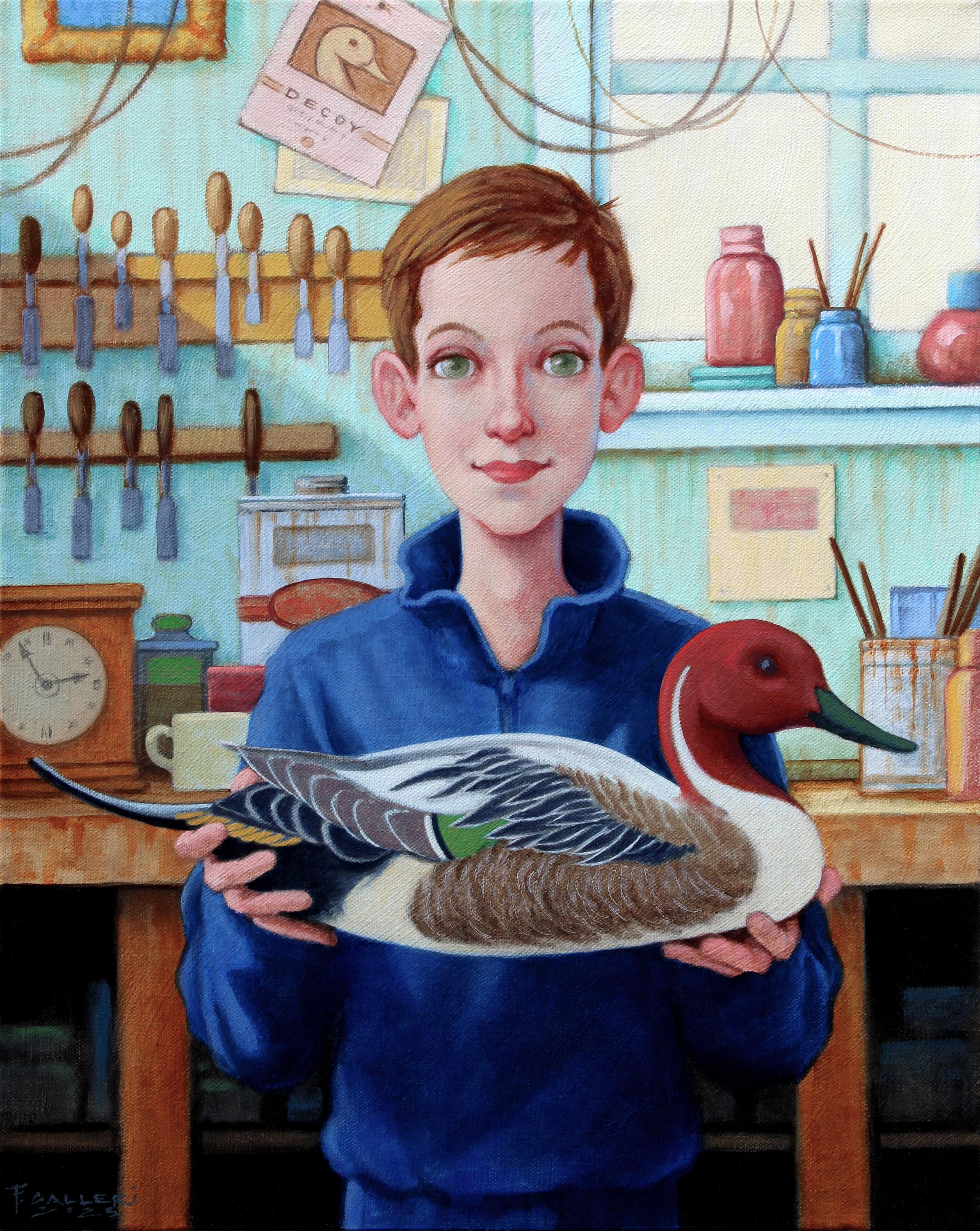 Portrait Painting di Fred Calleri - "The Apprentice" giovane ragazzo in un negozio che mostra il suo ultimo pezzo, un'anatra
