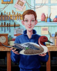 "The Apprentice" young boy in a shop showing his newest piece, a duck