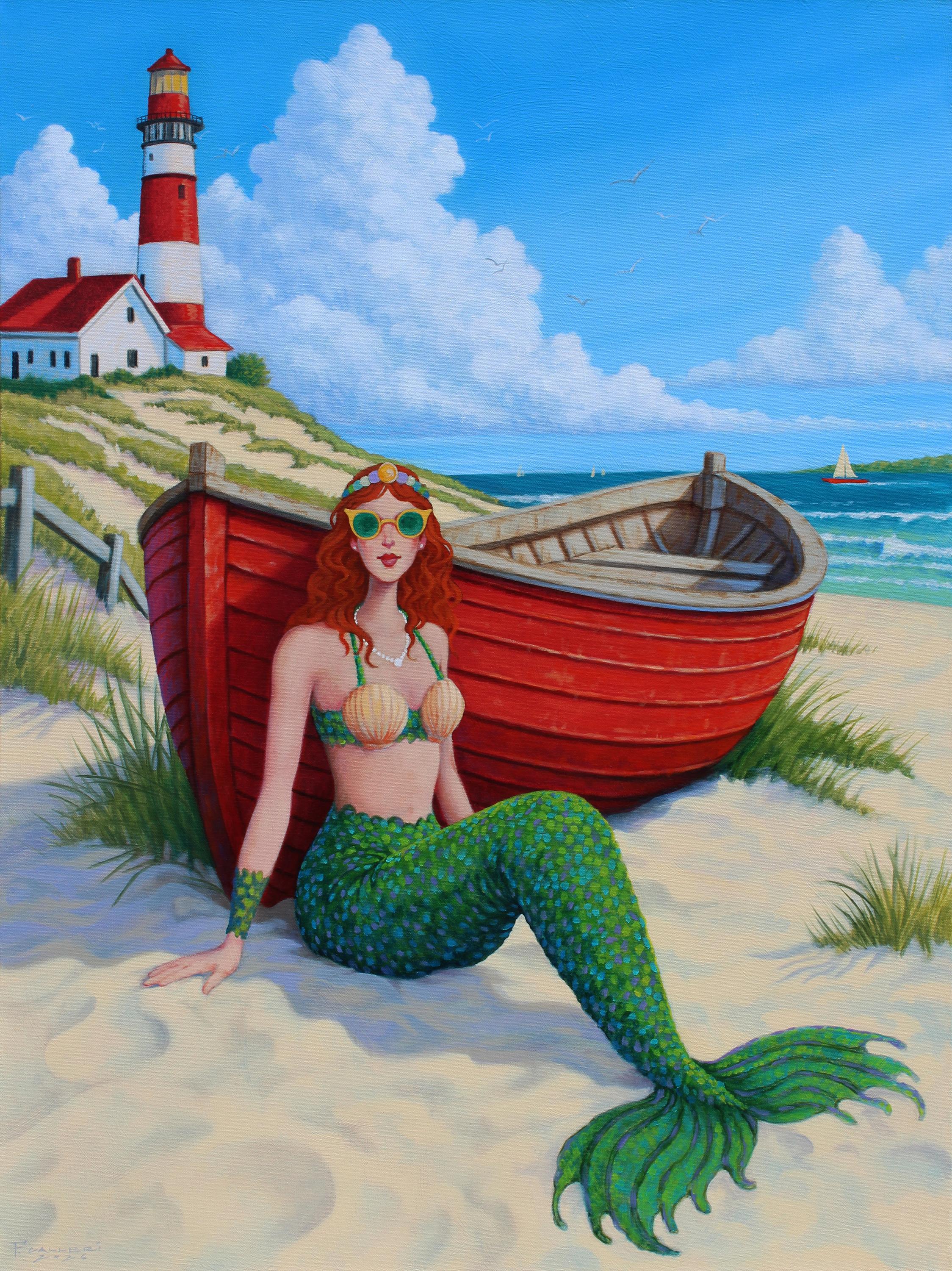 « The Bright Side » : sirène, cheveux roux, phare, bord de mer, plage, canot pneumatique rouge, bonne humeur