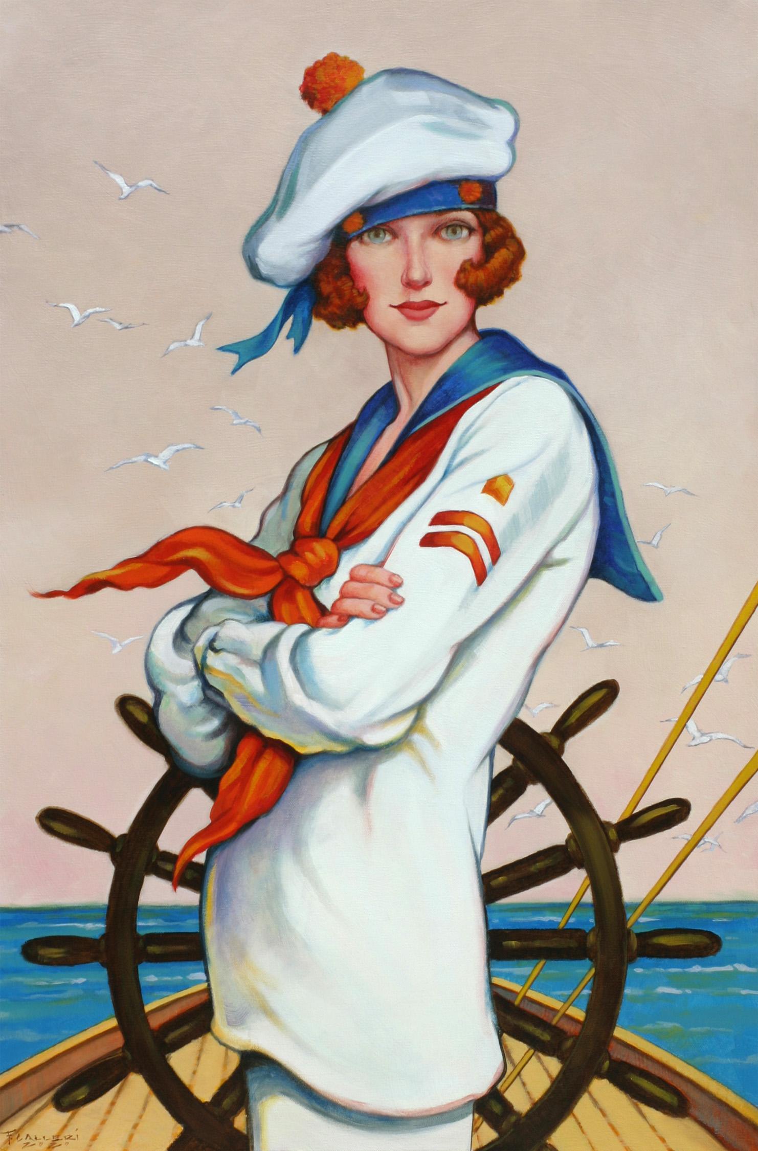 Fred Calleri Figurative Painting - "The Helm" oil painting of a red head female sailor in on a sailboat