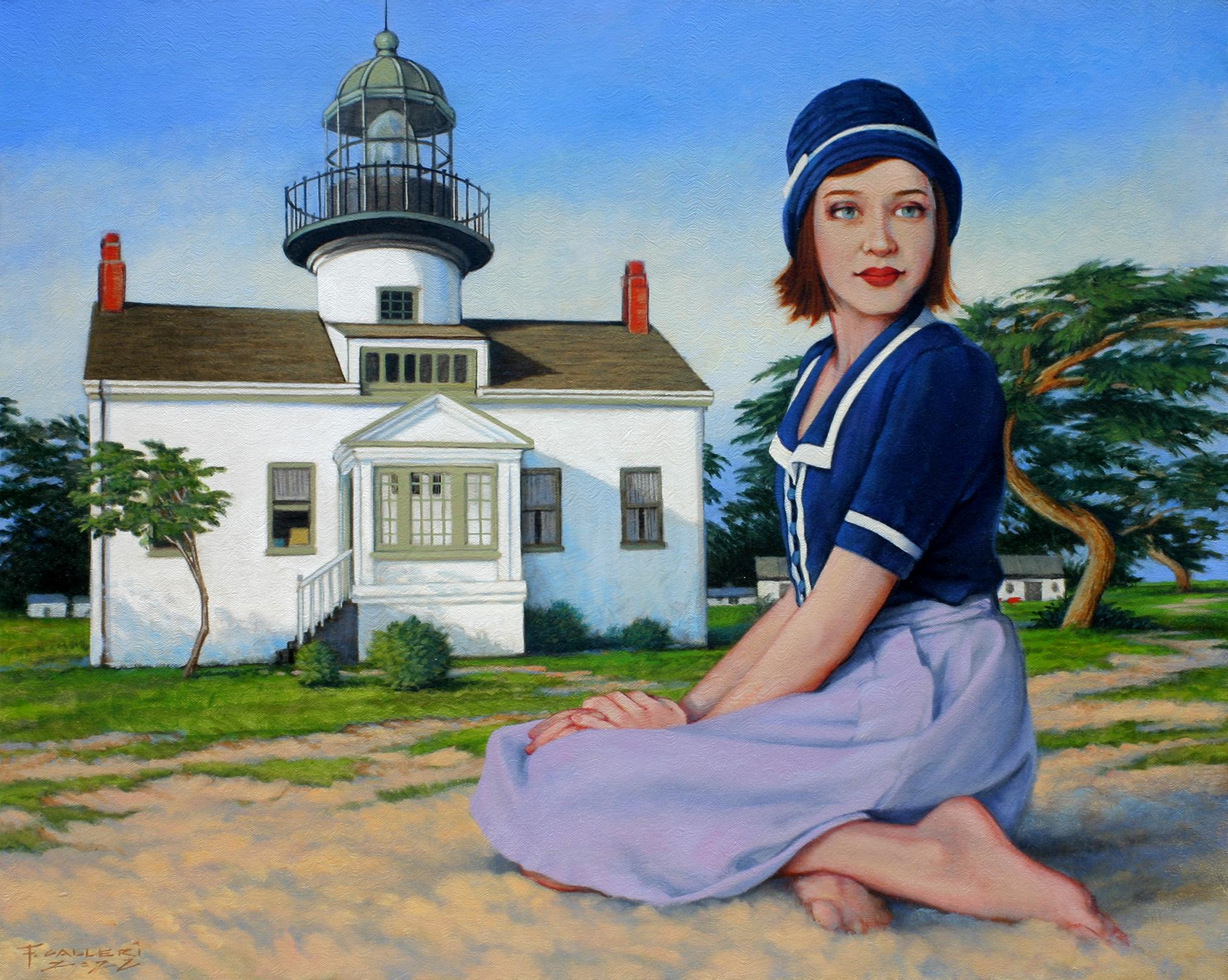 Fred Calleri Figurative Painting - "The Promontory" Woman in blue and purple posing in front of white house.
