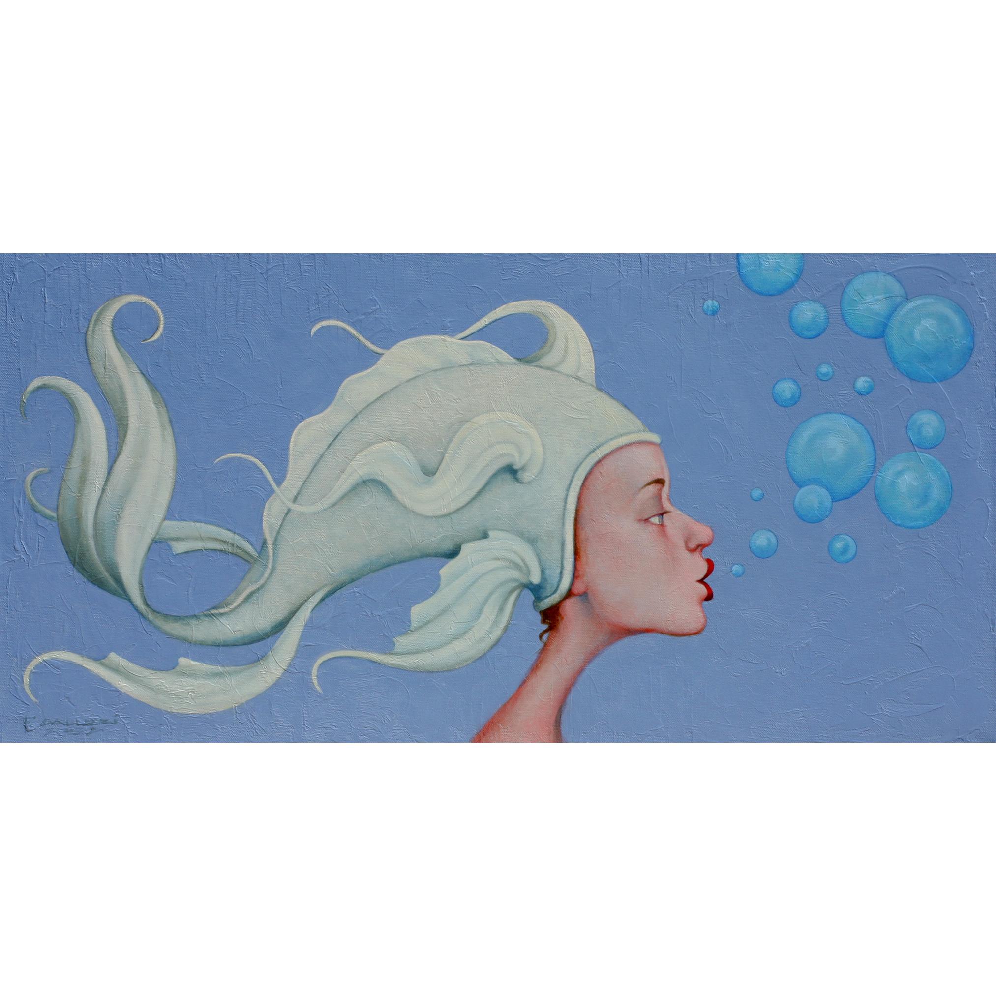 "The Sea of Love" Rosy-cheeked woman w/ baby blue fish hat with deep blue canvas