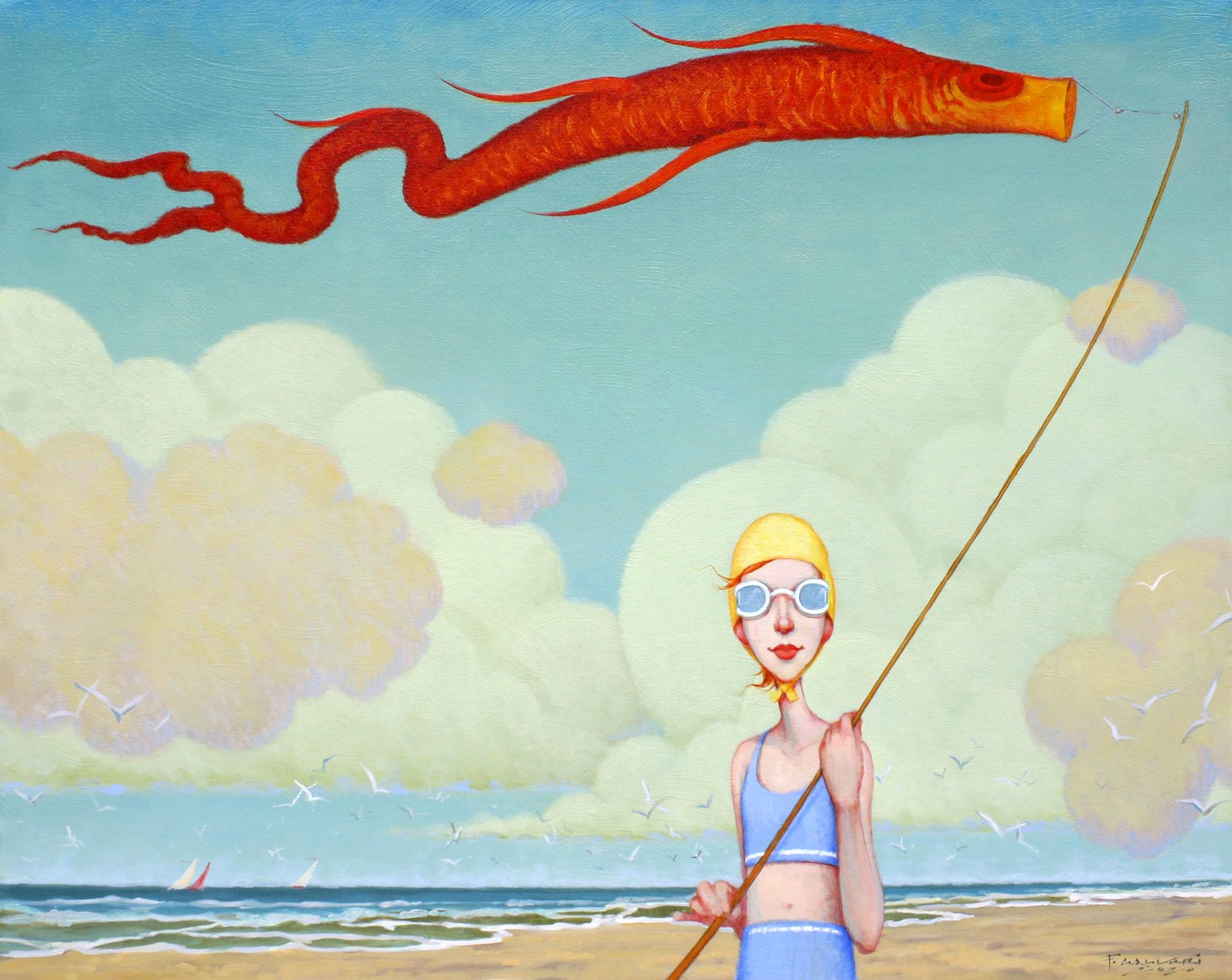 Fred Calleri Figurative Painting - "Toy Koi" oil painting of a girl with a bonnet flying a koi kite on the beach