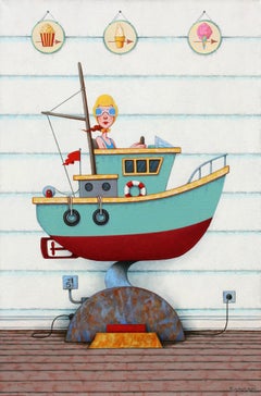 "Tug Toy" redheaded girl with blue goggles drives a boat outside the arcade