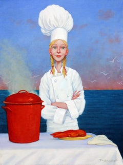 "Two Time Champion" oil painting of a female chef with lobster and sunset 