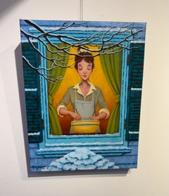 "Warm Cider" woman making something in the window on a snowy day