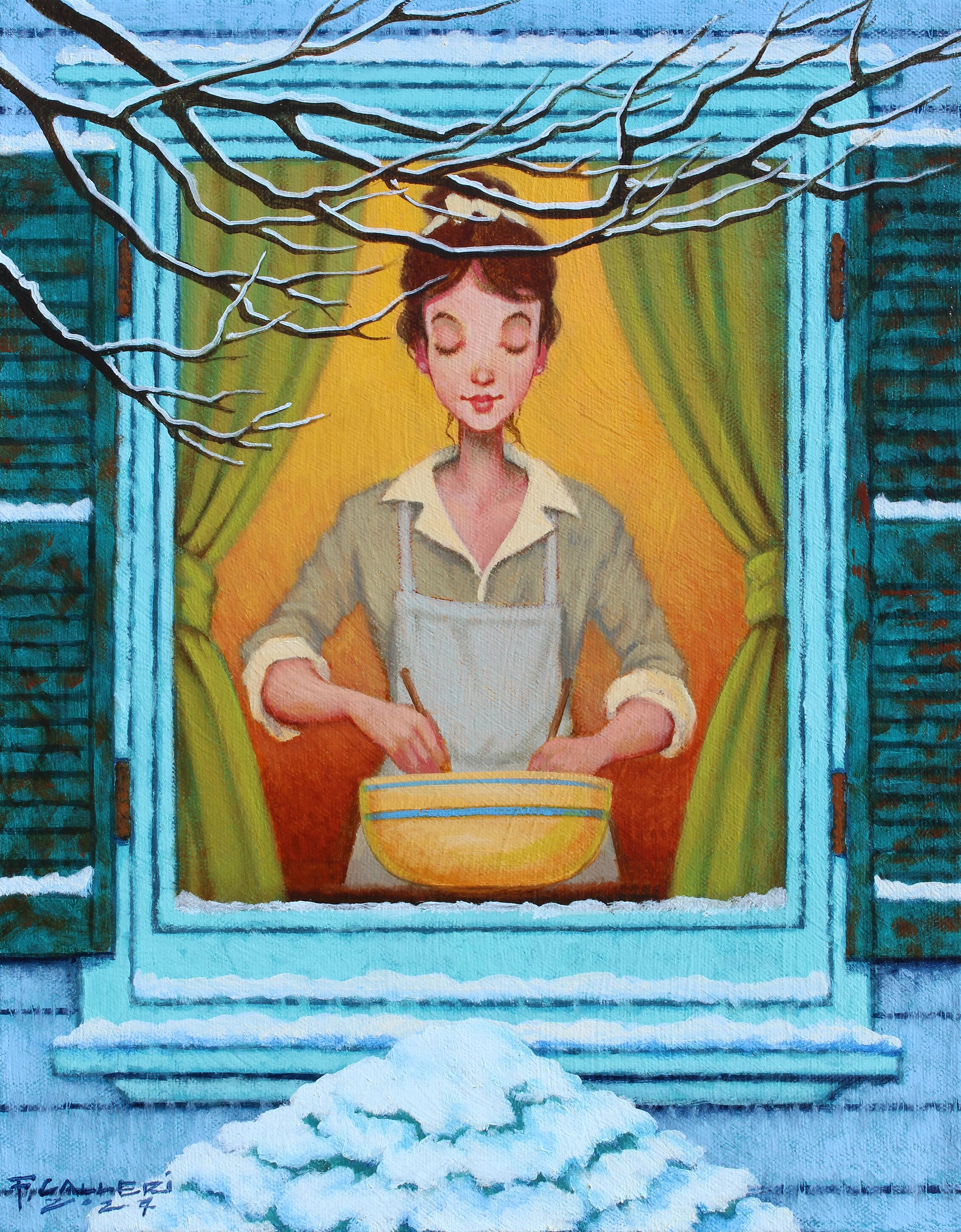 Figurative Painting di Fred Calleri - La donna che prepara il "sidro caldo" alla finestra in una giornata di neve