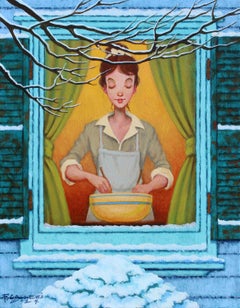 "Warm Cider" woman making something in the window on a snowy day
