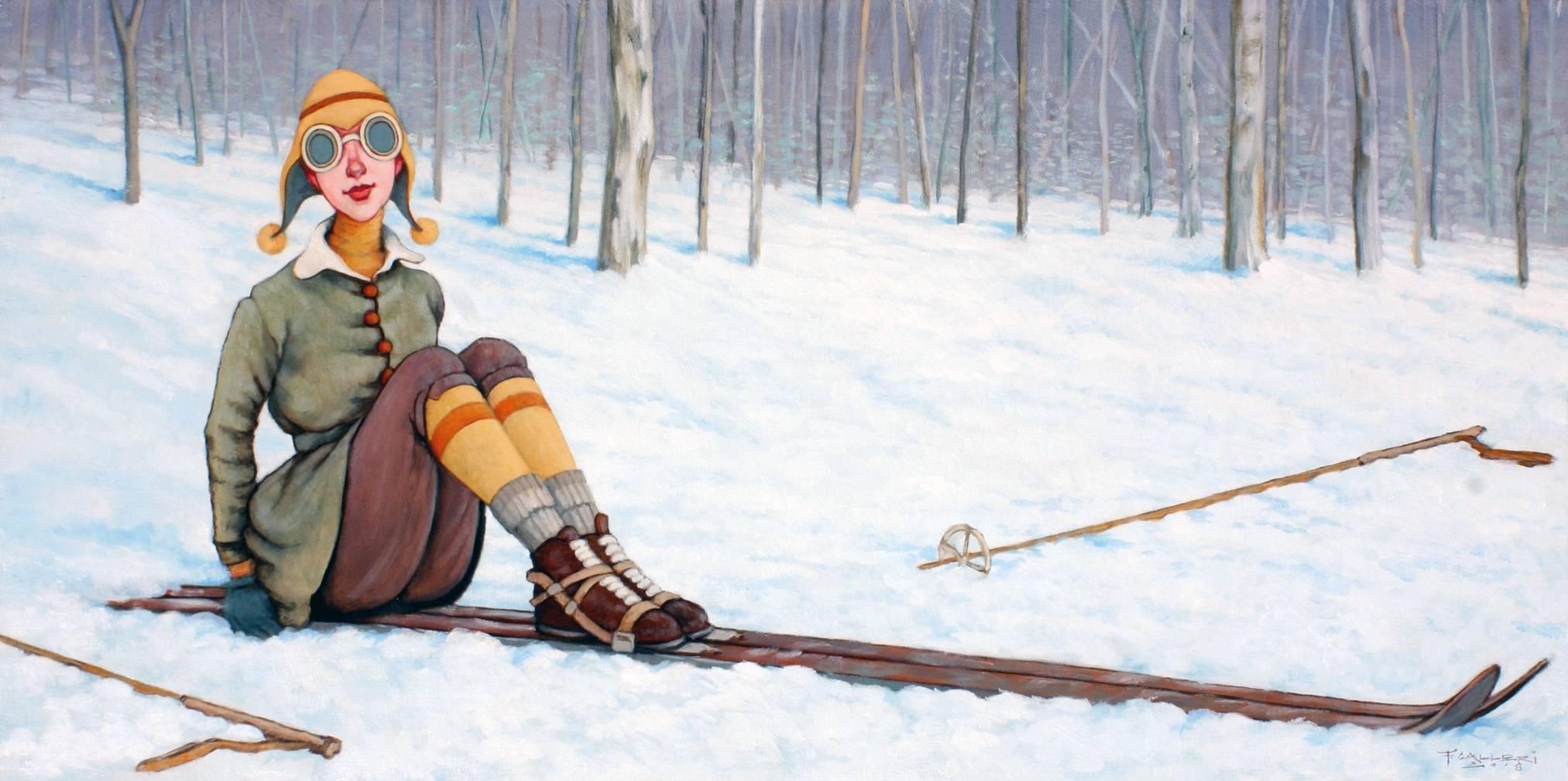 Fred Calleri Figurative Painting - "What Now" Caricature of Woman with Vintage Skis in White Snow