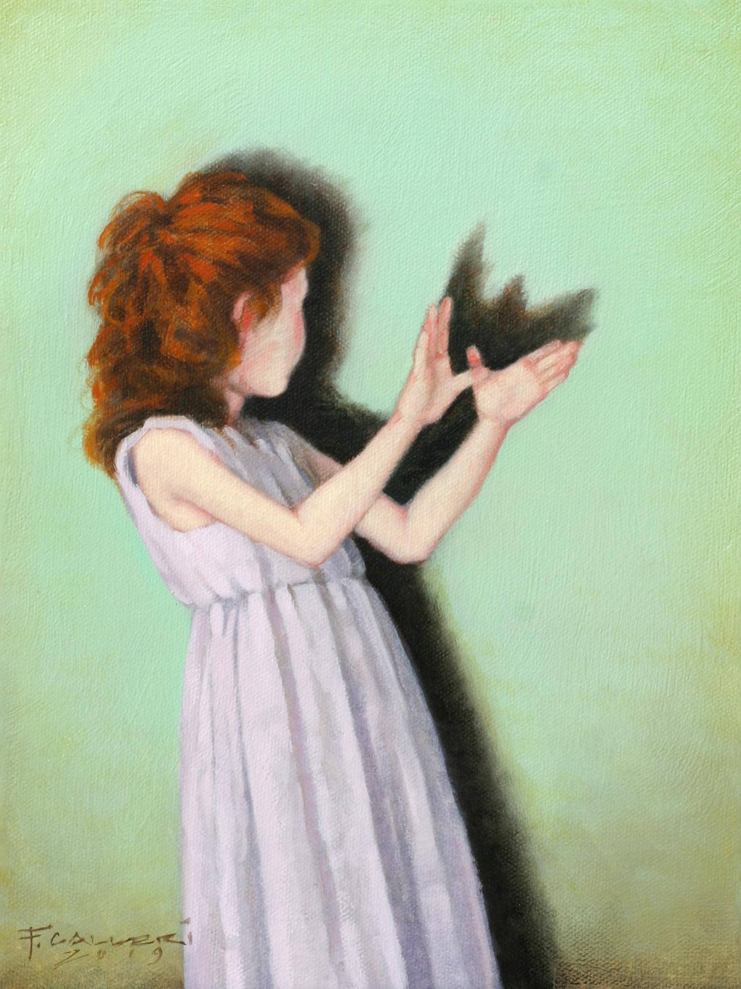Fred Calleri Figurative Painting - "Wings" Oil painting of red headed girl with a green background