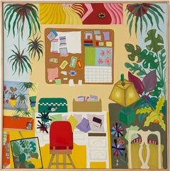 Nerve Center (Contemporary Oil Painting of Room in Yellow with green plants)