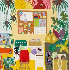Nerve Center (Pittura a olio contemporanea raffigurante una stanza gialla con piante verdi)