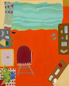 New Bedroom (Contemporary Oil Painting of Bright Orange Interior Space)