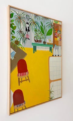 New Home (Contemporary Oil Painting of Living Room in Yellow with green plants)