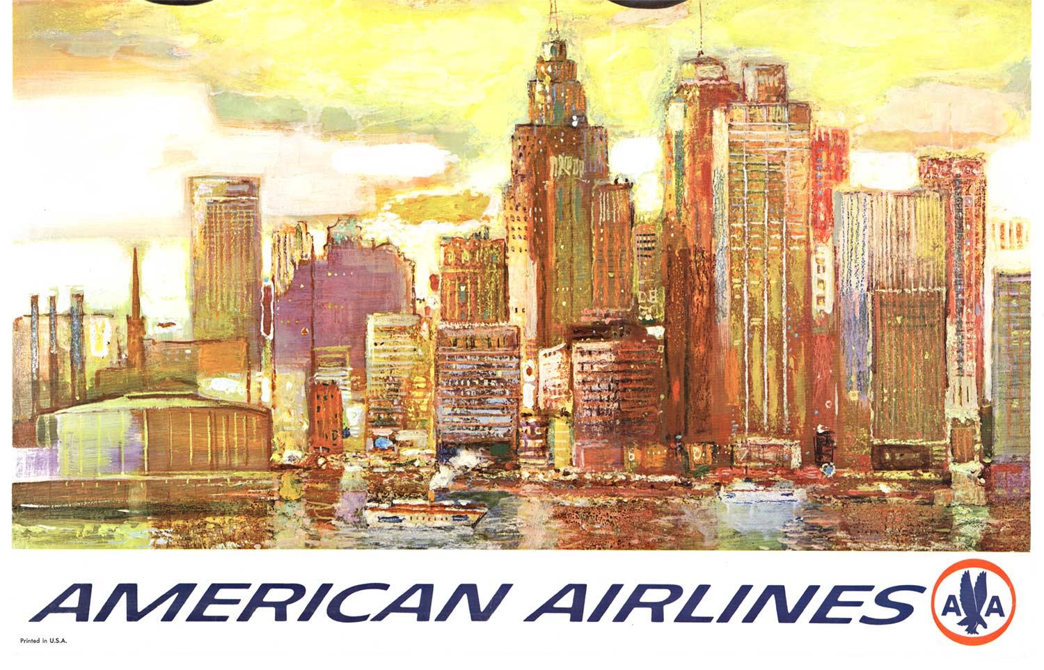 Affiche de voyage originale d'American Airlines, Detroit - Modernisme américain Print par Fred Conway