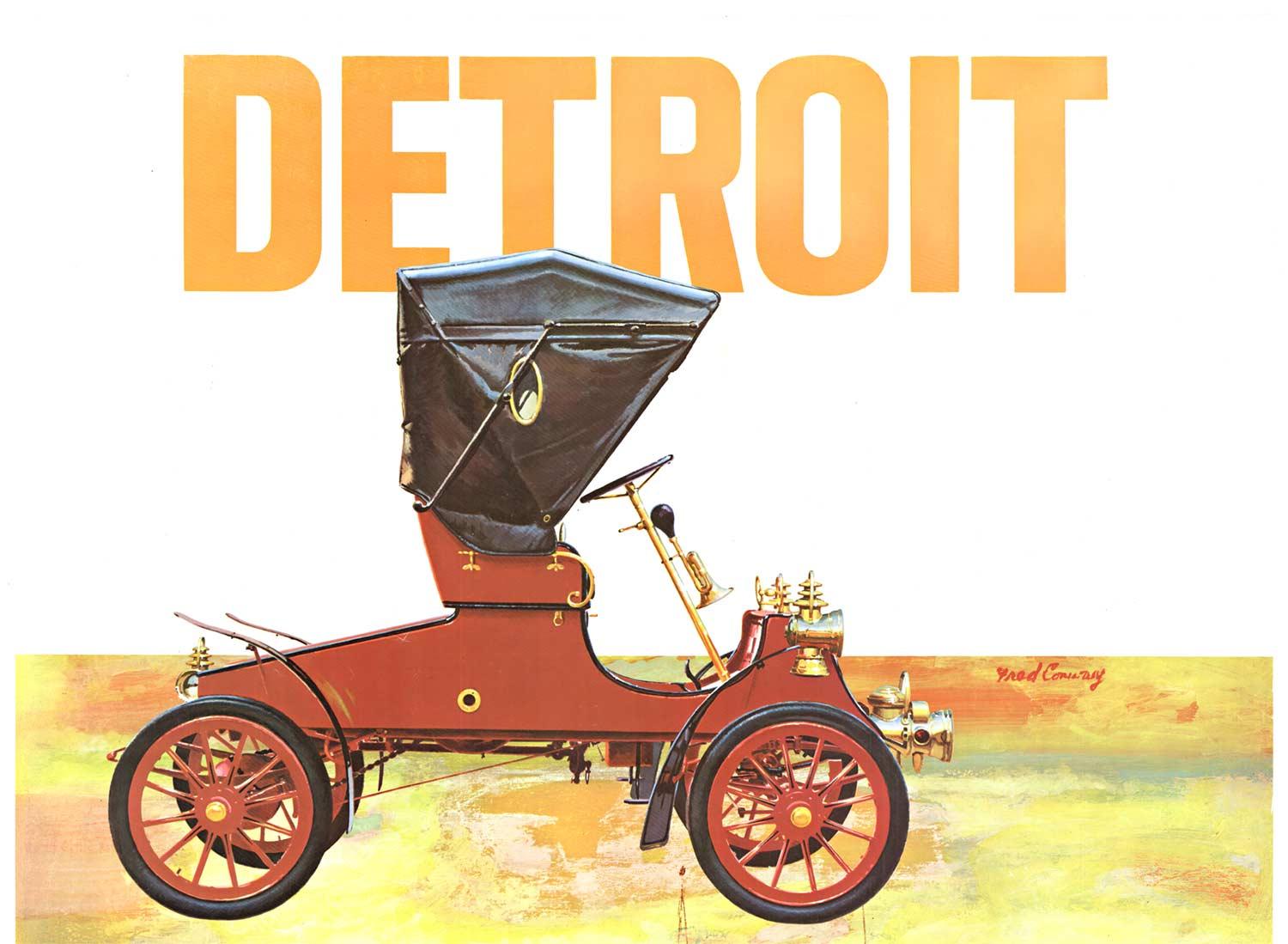Affiche de voyage originale d'American Airlines, Detroit - Beige Landscape Print par Fred Conway