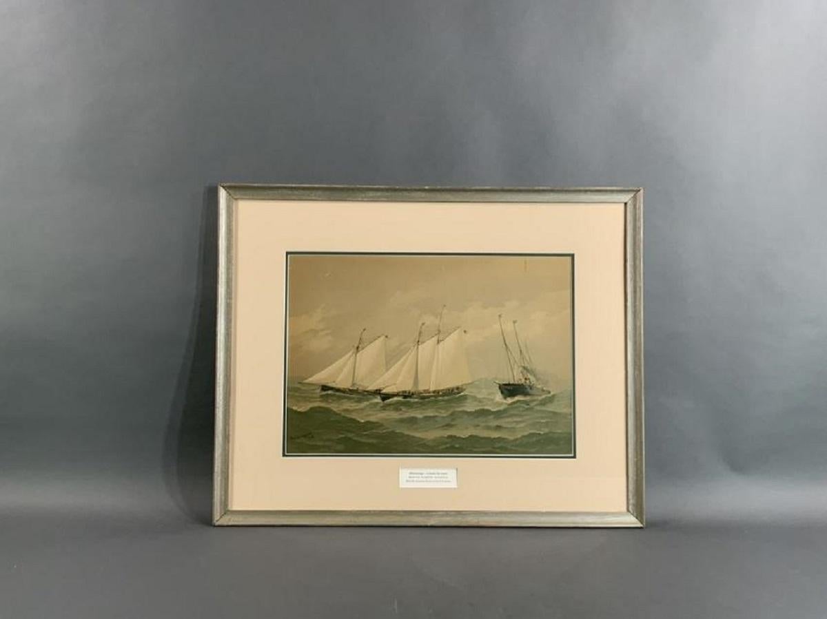 Framed lithograph from the American Yachting Series by Fred S. Cozzens. Showing the American yachts Bedovin, Intrepid and Mamouna in rough seas. Dated 1884. Double matted and framed with label of Holman's Print Shop, 34 Court Square, Boston.

On