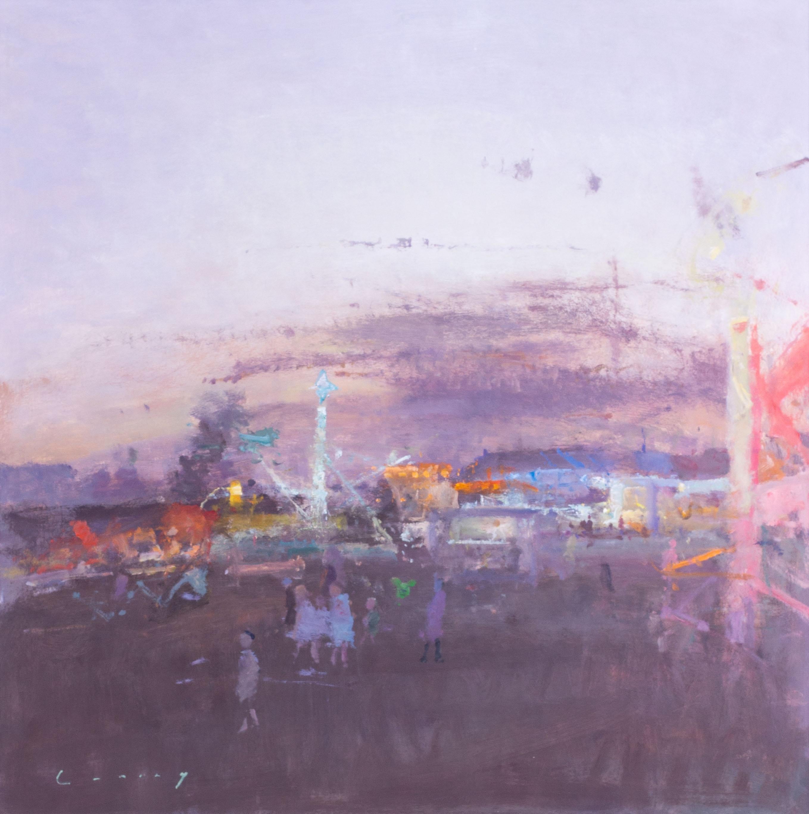 Großes quadratisches Ölgemälde der britischen RA Fred Cuming „Fairground, Evening“ – Painting von Fred Cumings