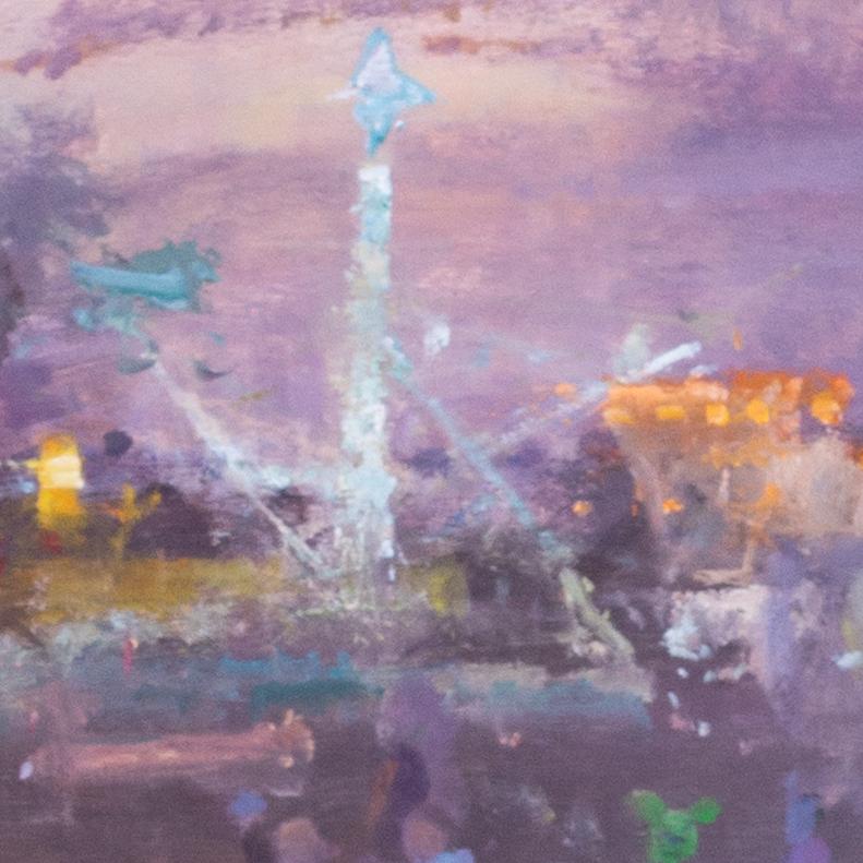 Großes quadratisches Ölgemälde der britischen RA Fred Cuming „Fairground, Evening“ (Violett), Landscape Painting, von Fred Cumings
