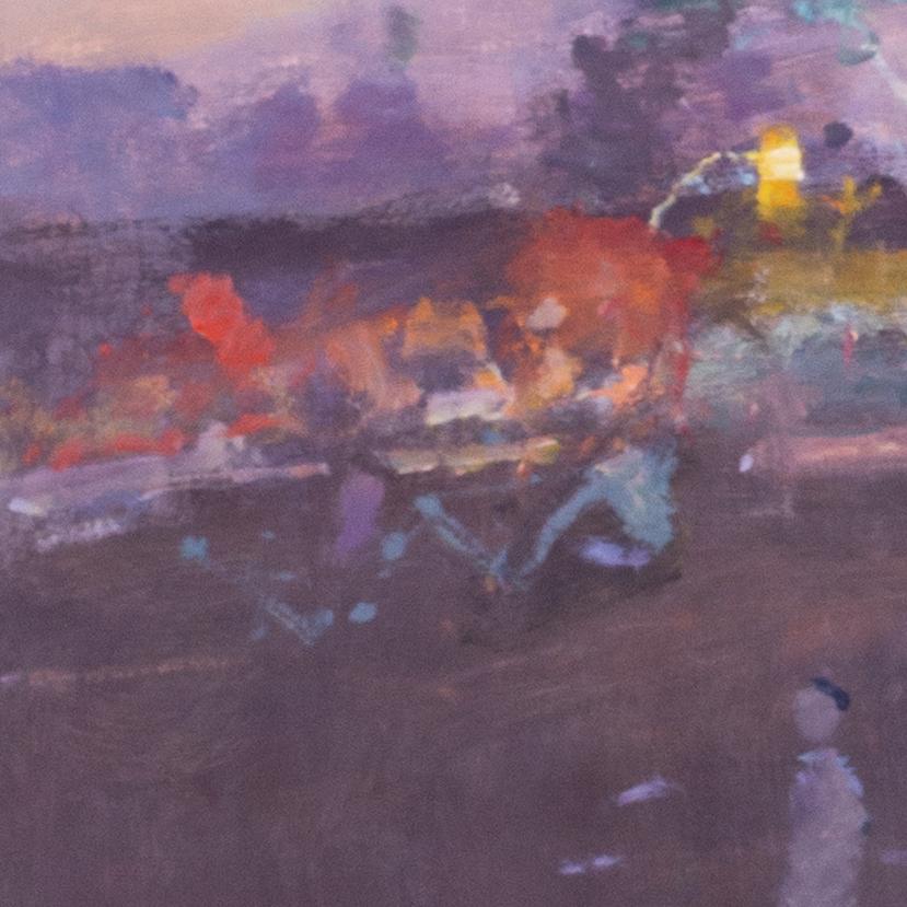 Großes quadratisches Ölgemälde der britischen RA Fred Cuming „Fairground, Evening“ im Angebot 1