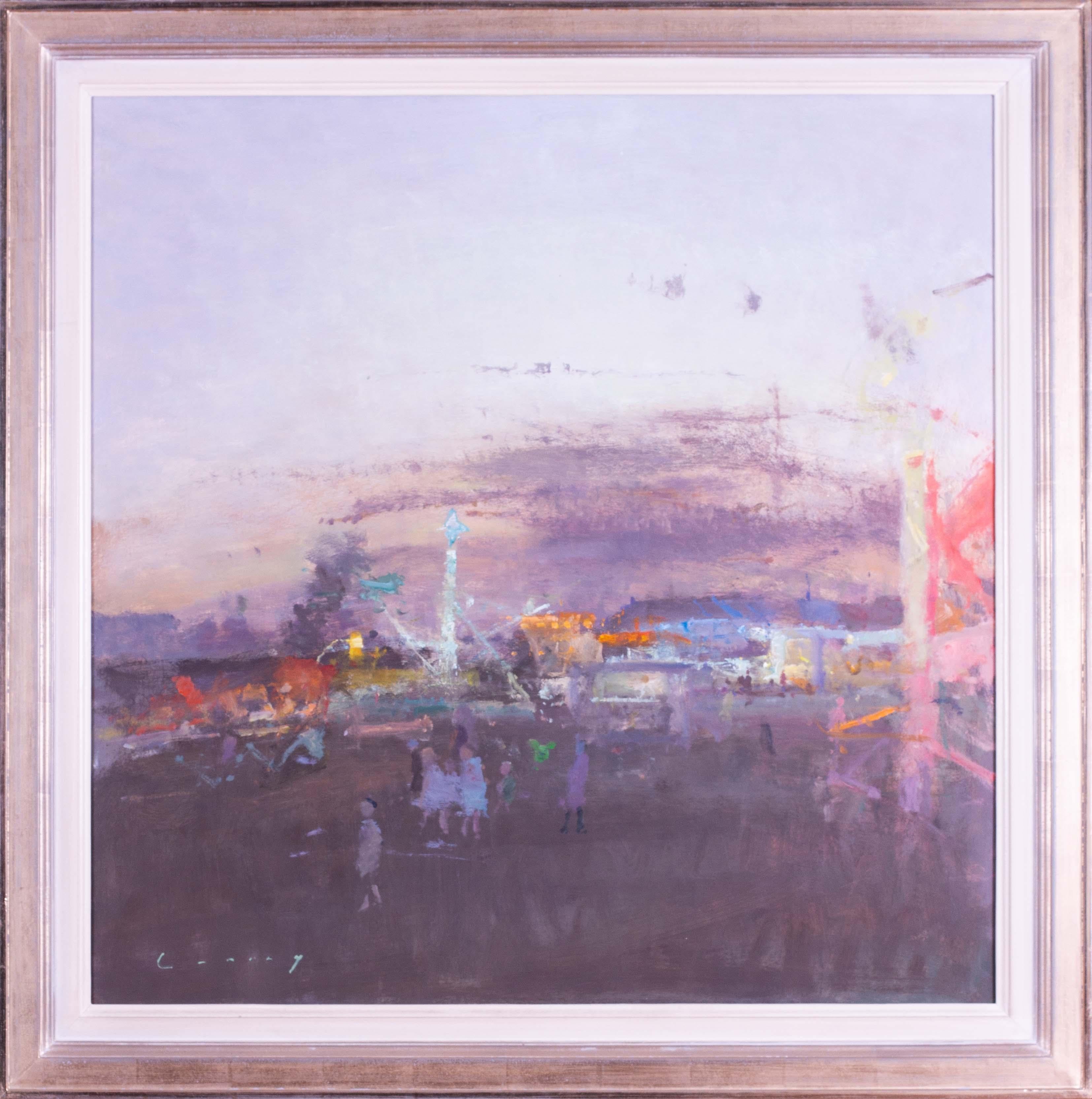 Large square oil painting by British RA Fred Cuming 'Fairground, Evening'