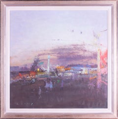 Large square oil painting by British RA Fred Cuming 'Fairground, Evening'