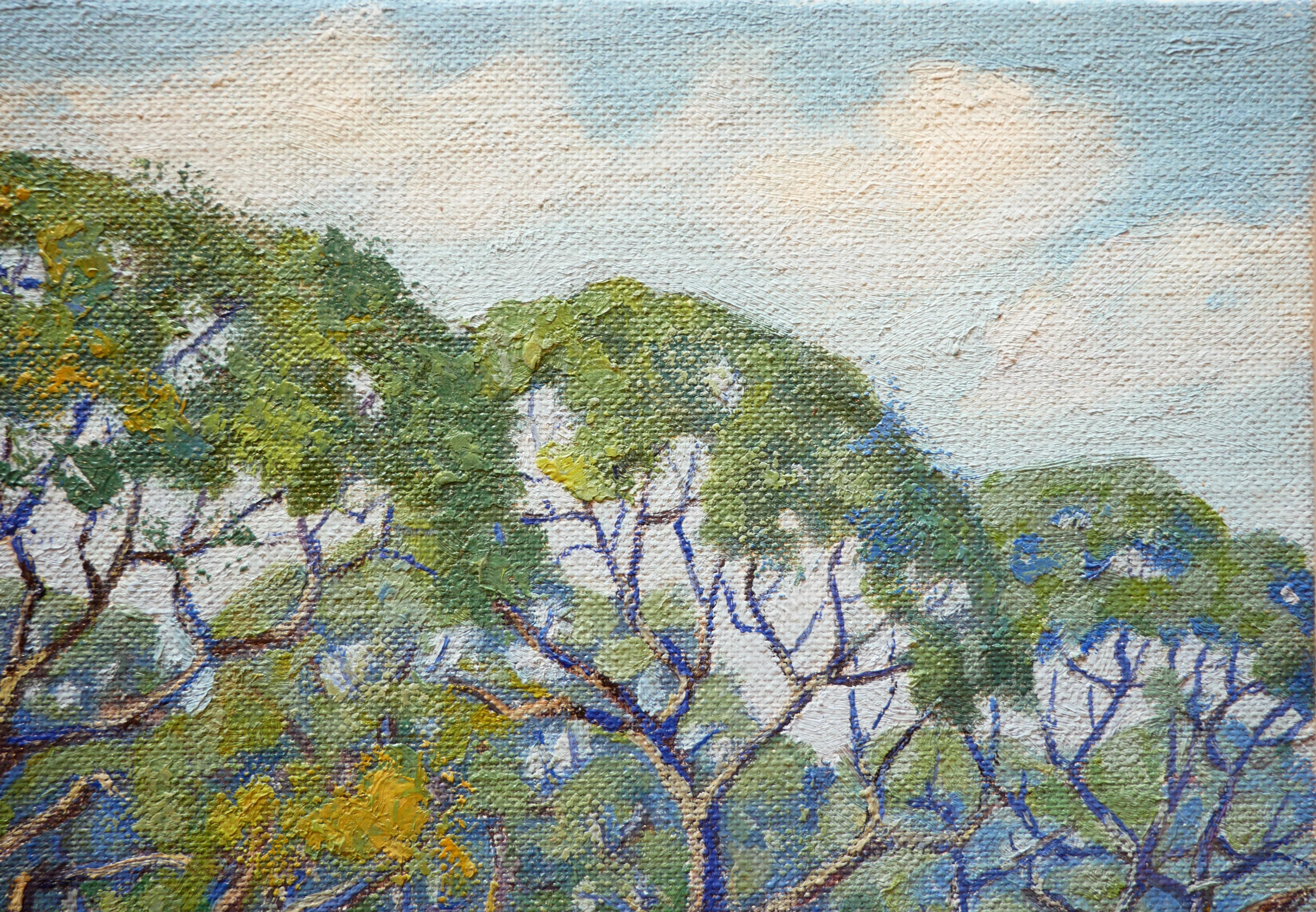 Après-midi Shadows Goose Island State Park, TX paysage aux tons verts - Impressionnisme abstrait Painting par Fred Darge