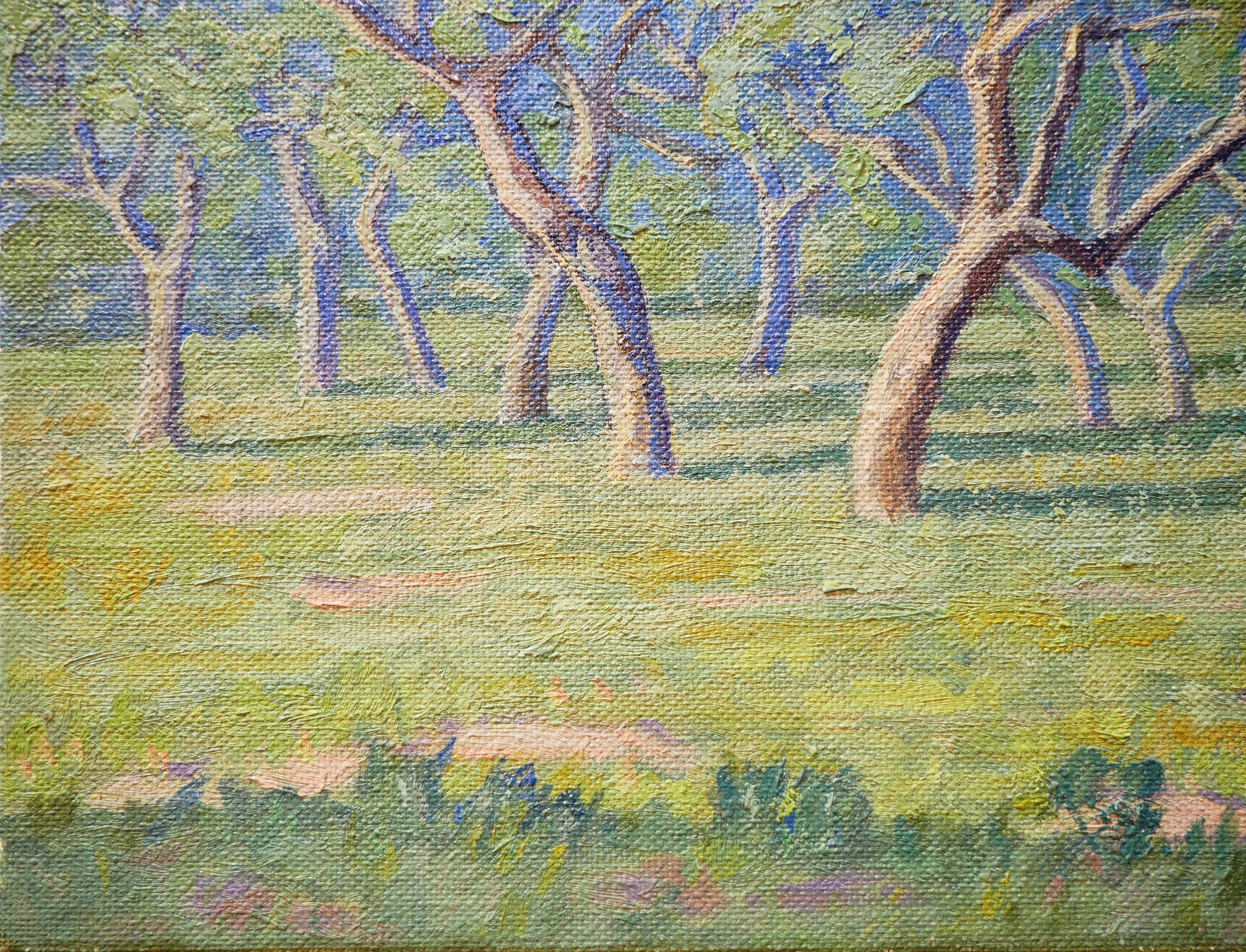 Paysage de désert impressionniste abstrait aux tons pastel de l'artiste allemand Fred Darge. Cette peinture représente un paysage d'après-midi avec des chênes au Goose Island State Park, TX. Signé par l'artiste dans le coin inférieur droit. Non