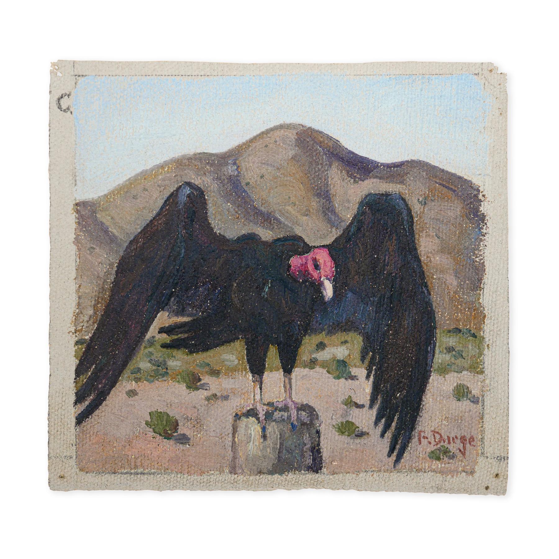 Black, tan, red, and sky blue abstract impressionist animal painting by Texas artist Fred Darge. The painting depicts a large vulture in a desert perched on a rock. Signed by the artist at the bottom right corner. Unstretched and unframed but