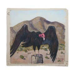 Black, Tan, Red, and Sky Blue Abstract Impressionist Painting of a Vulture