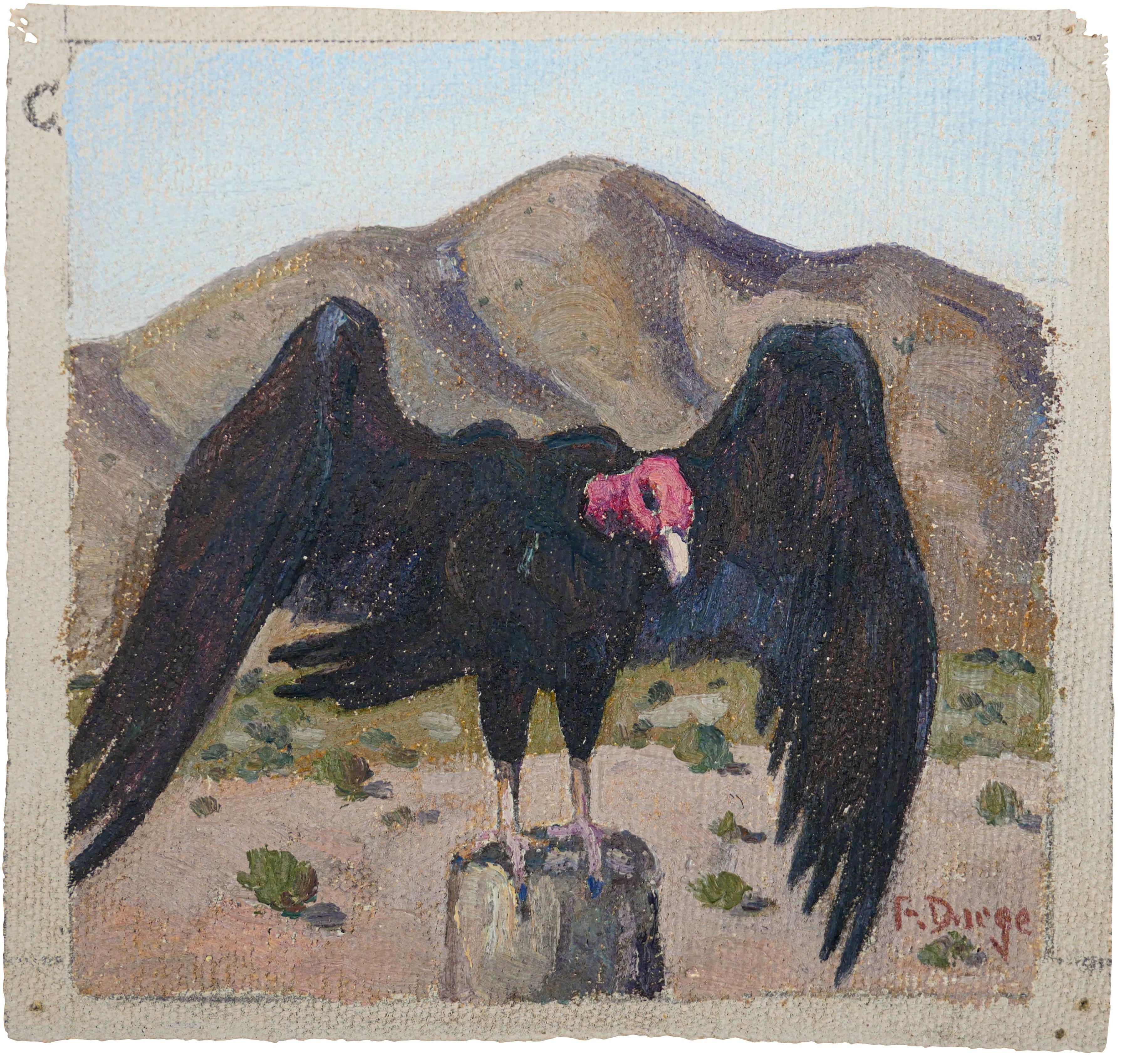 Fred Darge Abstract Painting - Black, Tan, Red, and Sky Blue Abstract Impressionist Painting of a Vulture