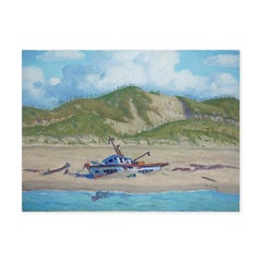 Spiaggia blu, verde e marrone con relitto di barca e paesaggio montuoso