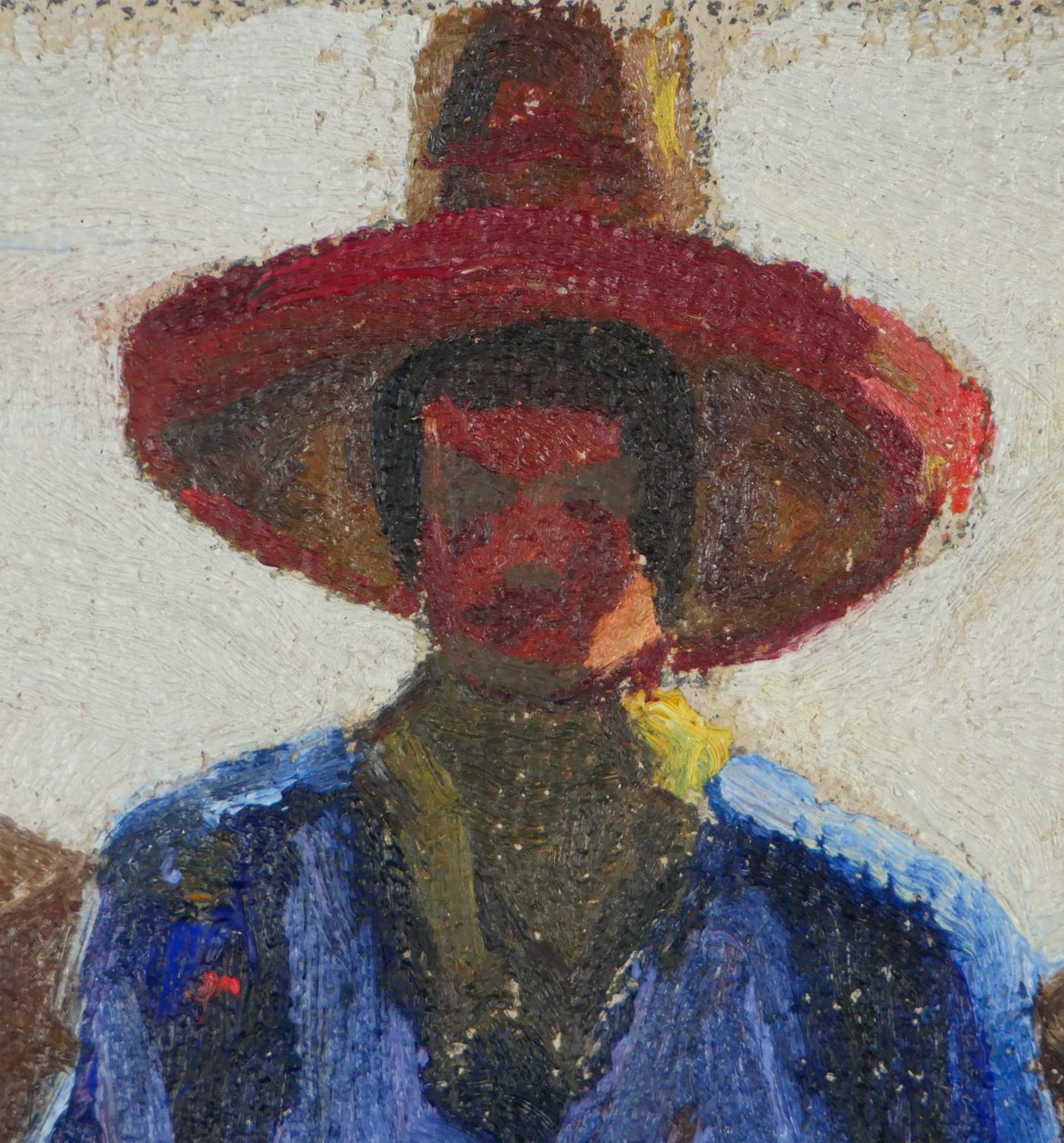 Peinture impressionniste abstraite bleue, rouge et brune d'un cow-boy sur un cheval en vente 6