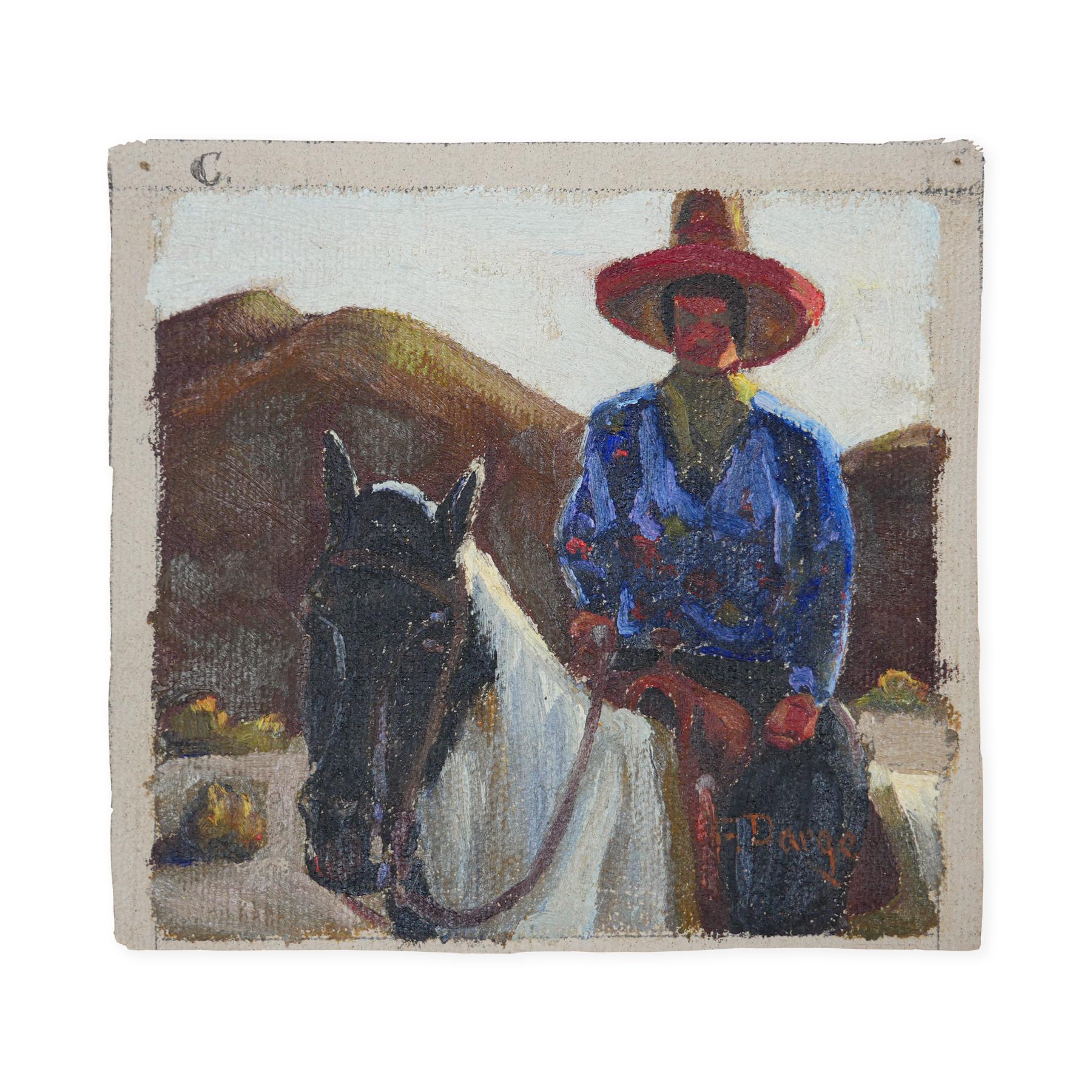 Peinture impressionniste abstraite bleue, rouge et brune d'un cow-boy sur un cheval - Painting de Fred Darge