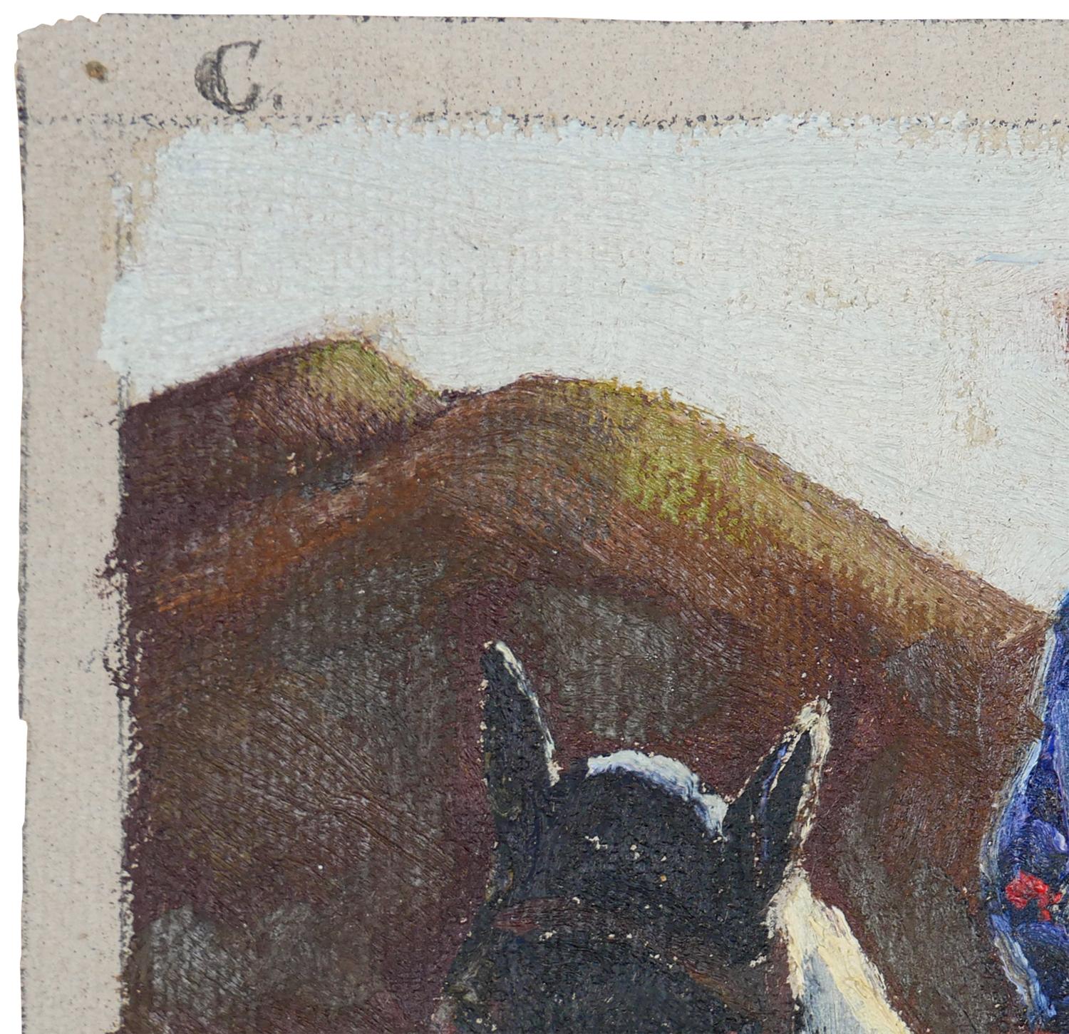 Peinture impressionniste abstraite bleue, rouge et brune d'un cow-boy sur un cheval - Impressionnisme abstrait Painting par Fred Darge