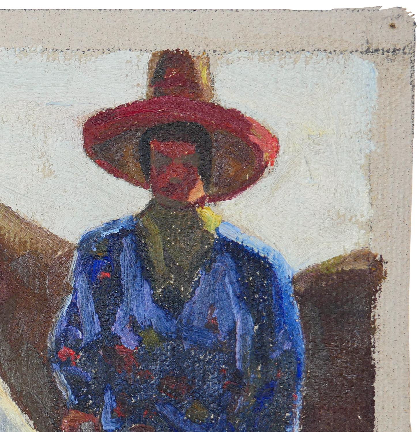 Blaues, rotes und braunes abstraktes impressionistisches Gemälde des texanischen Künstlers Fred Darge. Das Gemälde zeigt einen Cowboy mit blauem Hemd und rotem Hut, der auf einem braunen Reitpferd sitzt. Signiert vom Künstler in der rechten unteren