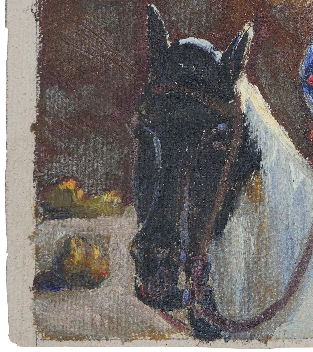 Peinture impressionniste abstraite bleue, rouge et brune d'un cow-boy sur un cheval en vente 1