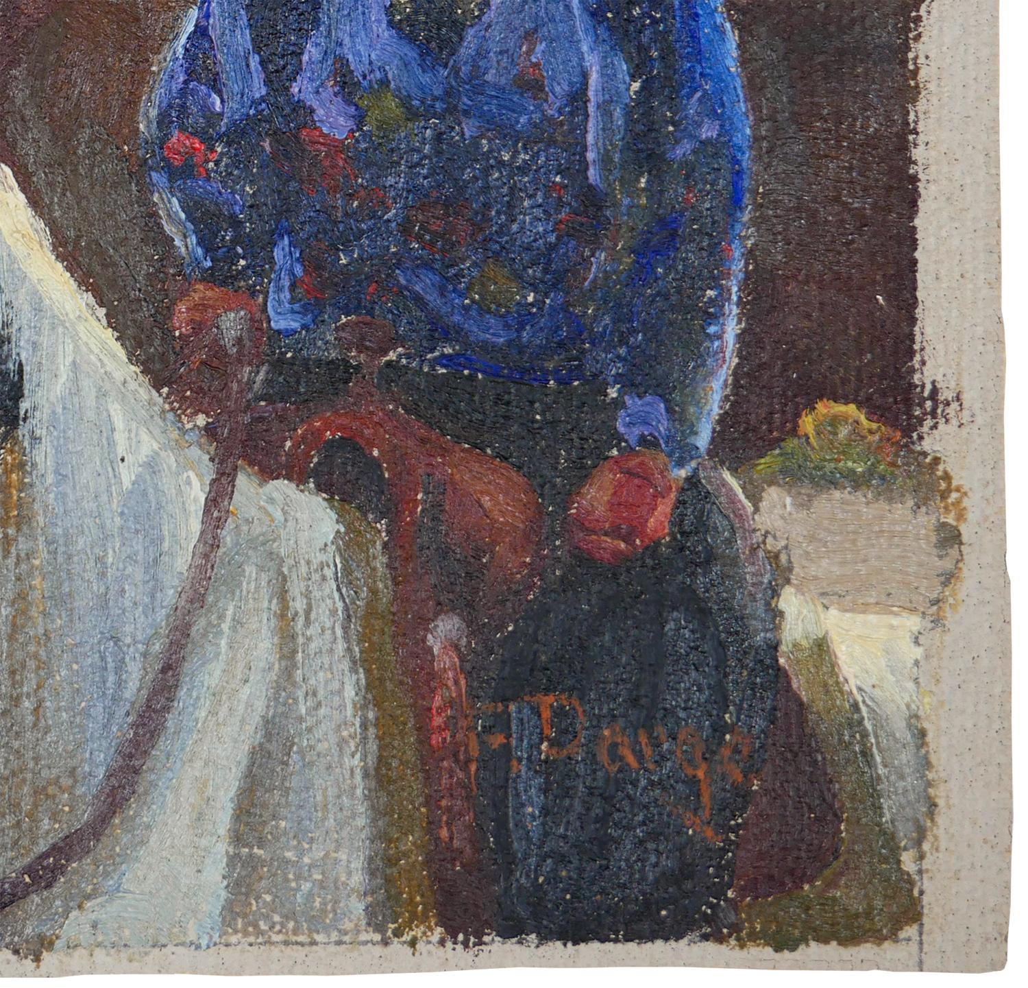 Peinture impressionniste abstraite bleue, rouge et brune d'un cow-boy sur un cheval en vente 2
