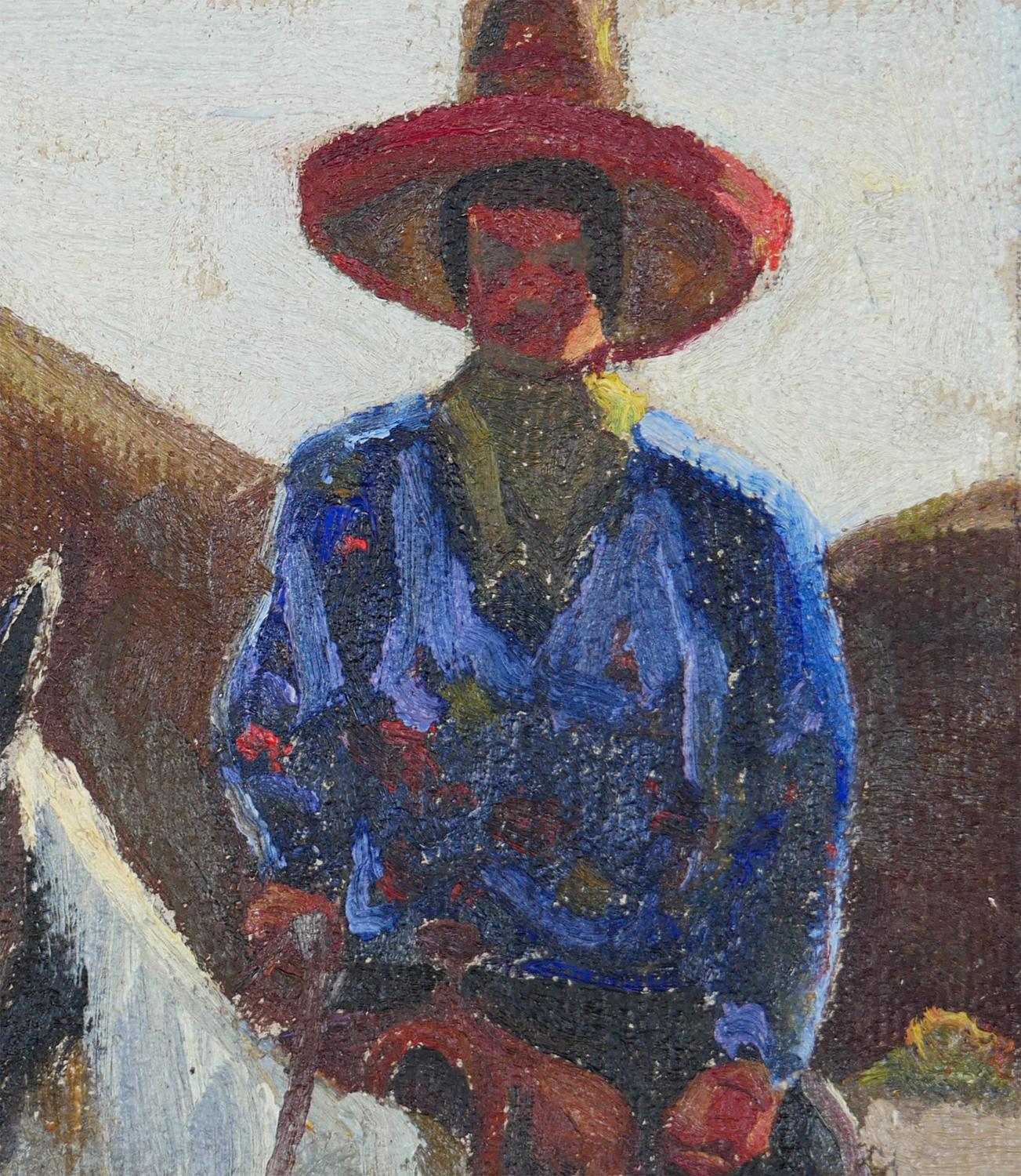 Peinture impressionniste abstraite bleue, rouge et brune d'un cow-boy sur un cheval en vente 3