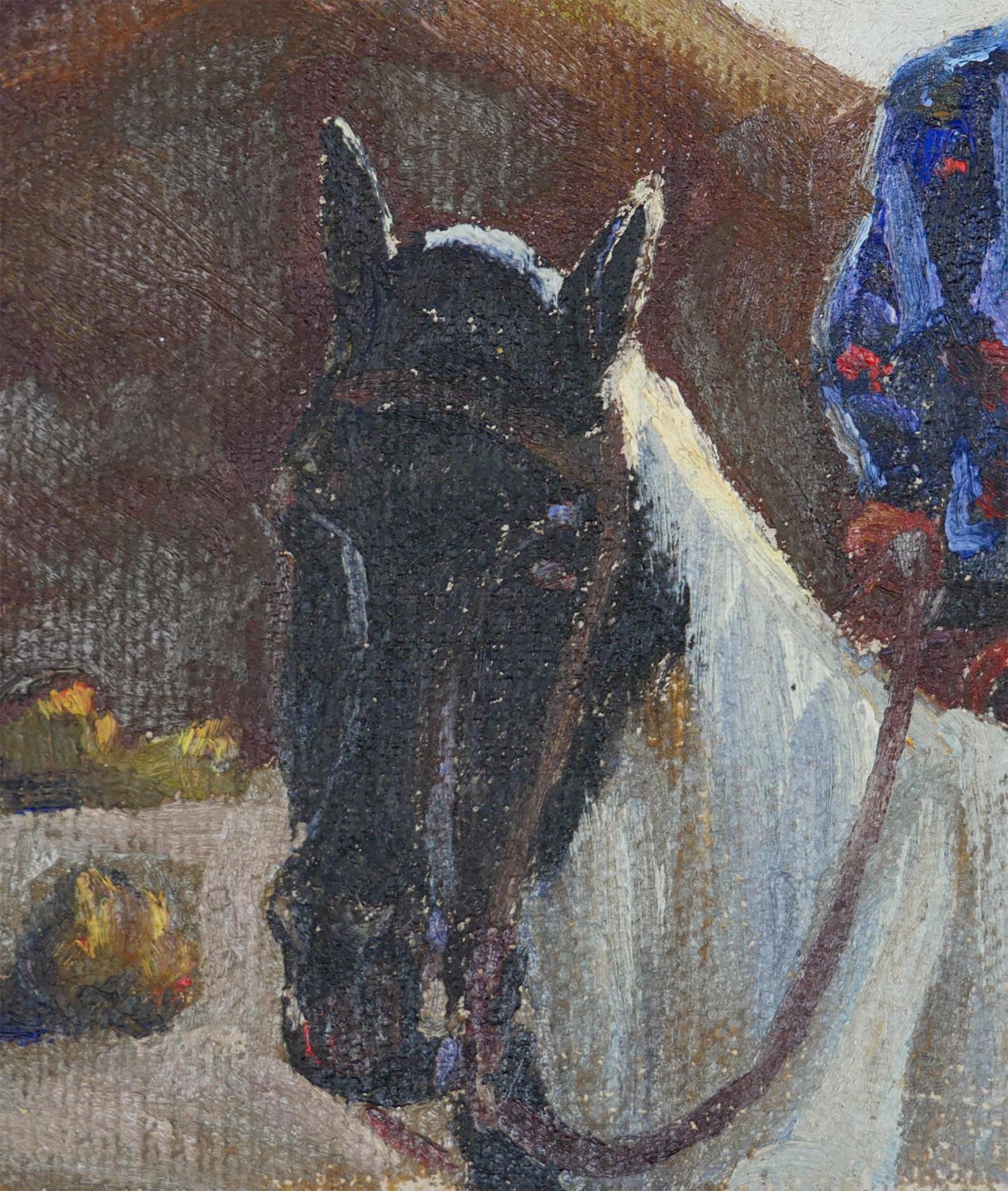 Peinture impressionniste abstraite bleue, rouge et brune d'un cow-boy sur un cheval en vente 4