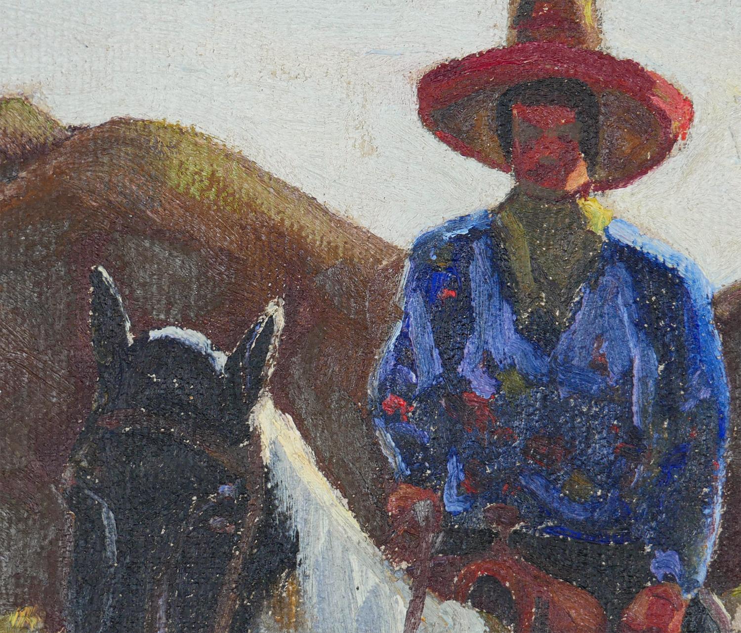 Quadro impressionista astratto blu, rosso e marrone raffigurante un cowboy a cavallo in vendita 4