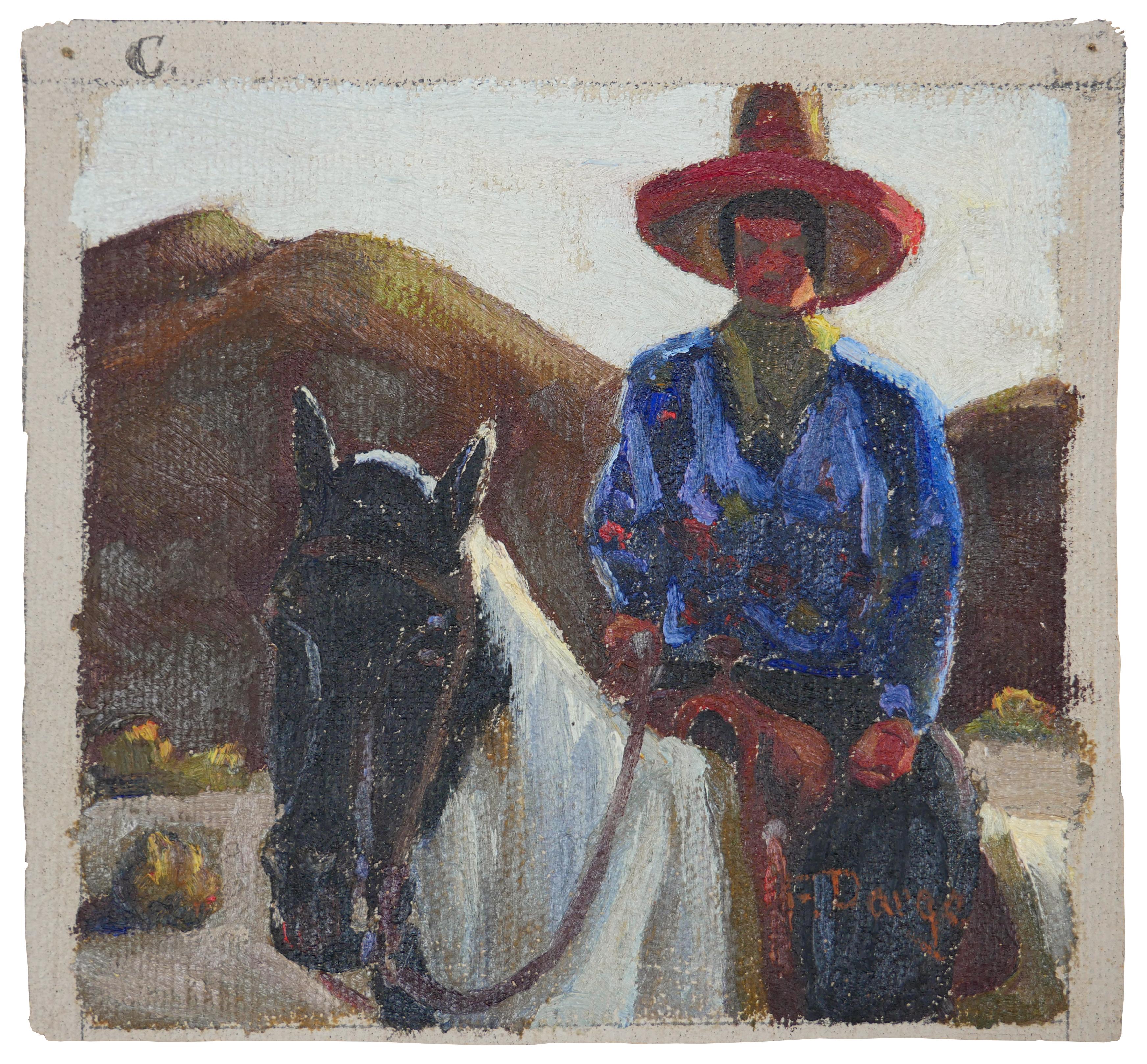 Animal Painting Fred Darge - Peinture impressionniste abstraite bleue, rouge et brune d'un cow-boy sur un cheval
