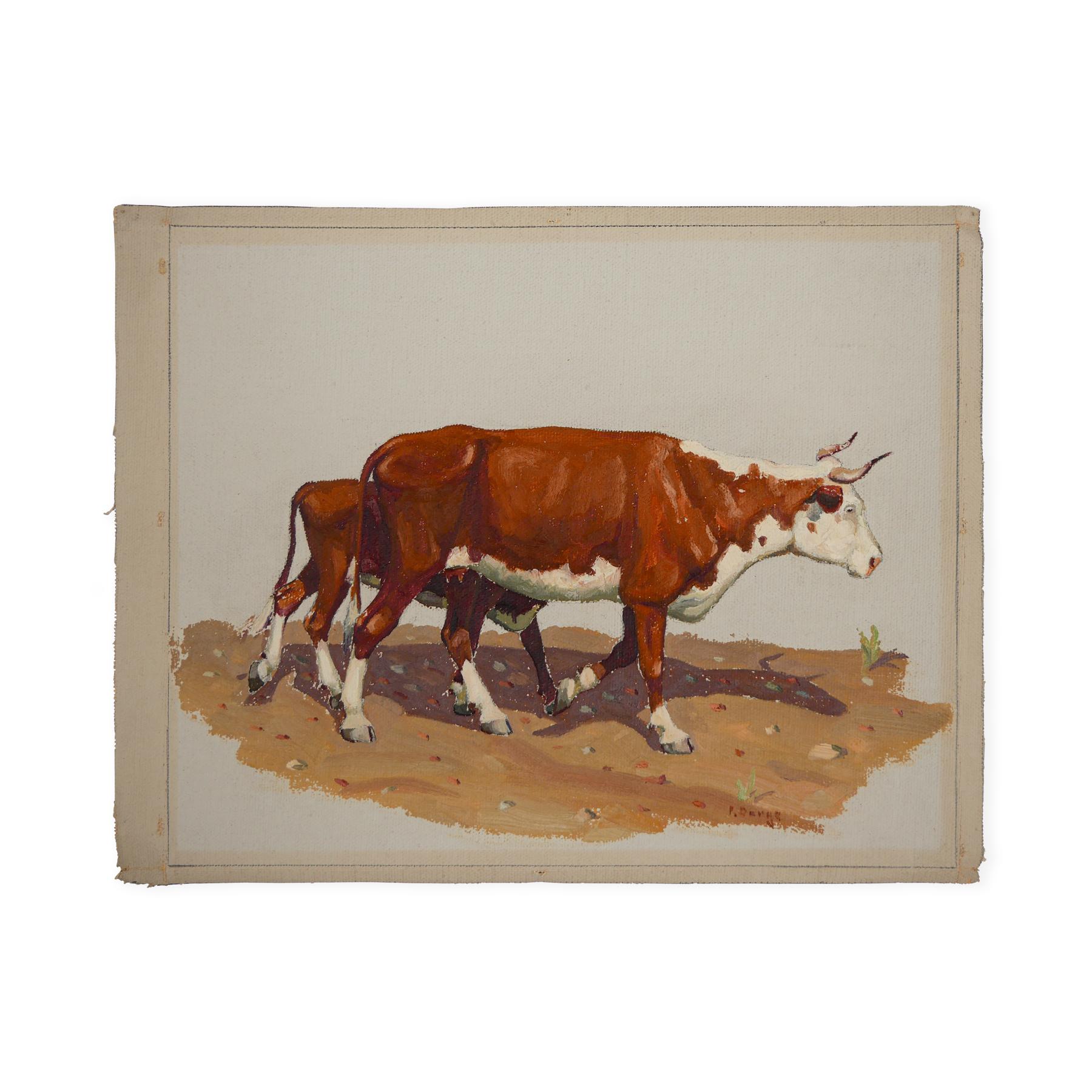 „Schildkröten und Kalb“ Braunes und weißes abstraktes impressionistisches Gemälde von Kühen – Painting von Fred Darge