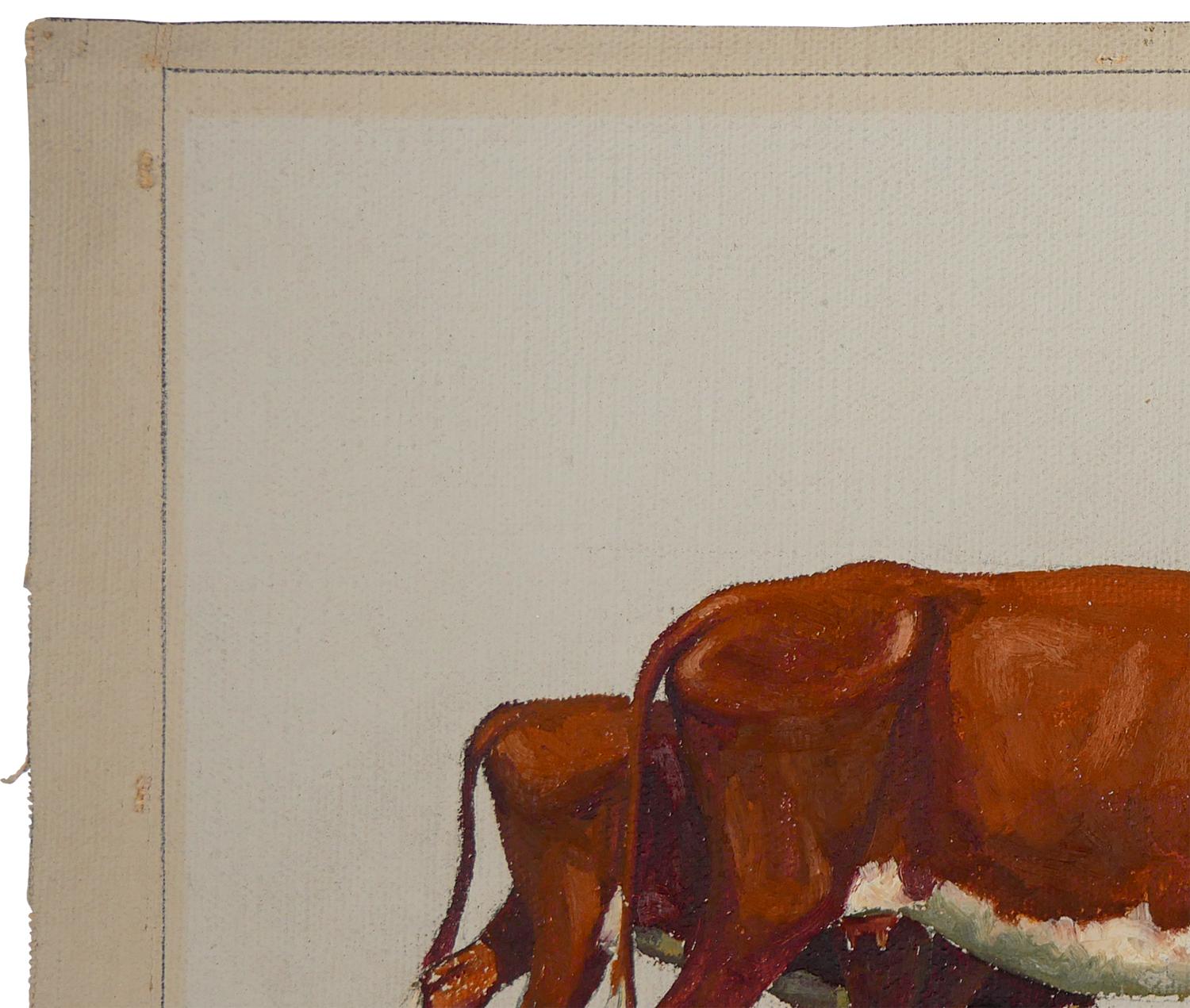 „Schildkröten und Kalb“ Braunes und weißes abstraktes impressionistisches Gemälde von Kühen (Abstrakter Impressionismus), Painting, von Fred Darge