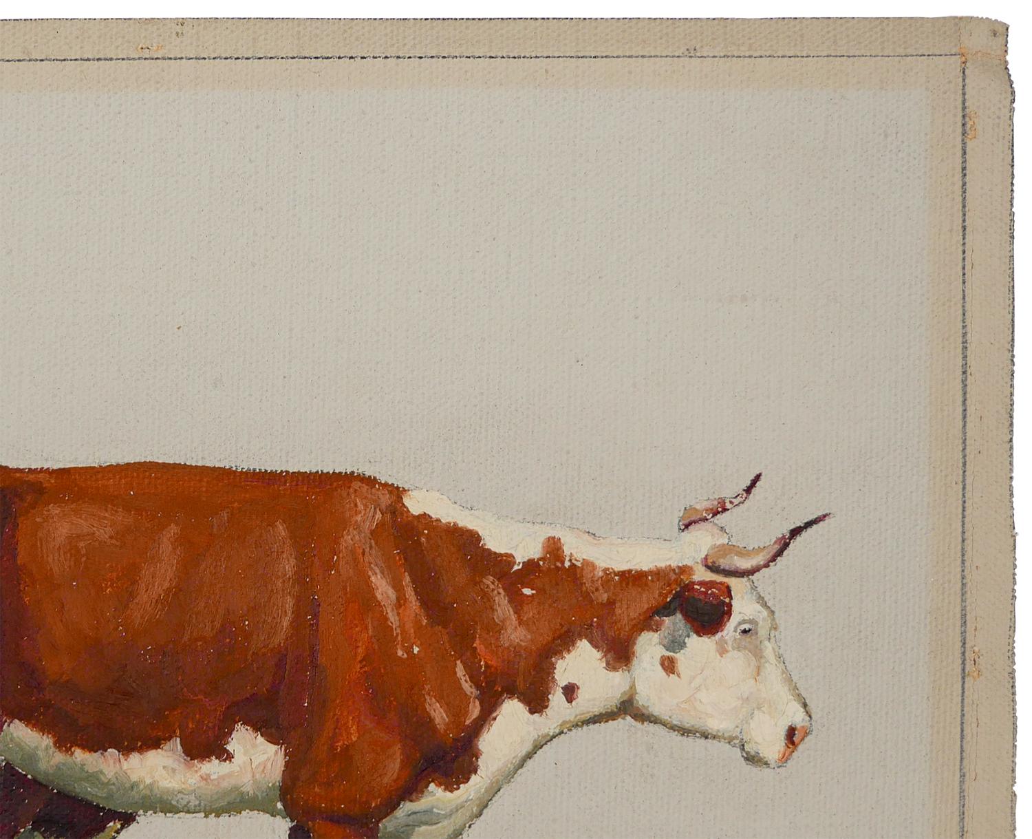 Peinture impressionniste abstraite d'animaux en marron et blanc de l'artiste texan Fred Darge. Le tableau représente une vache brune et blanche et un veau marchant sur un sol aride. Signé par l'artiste dans le coin inférieur droit. Non étiré et non