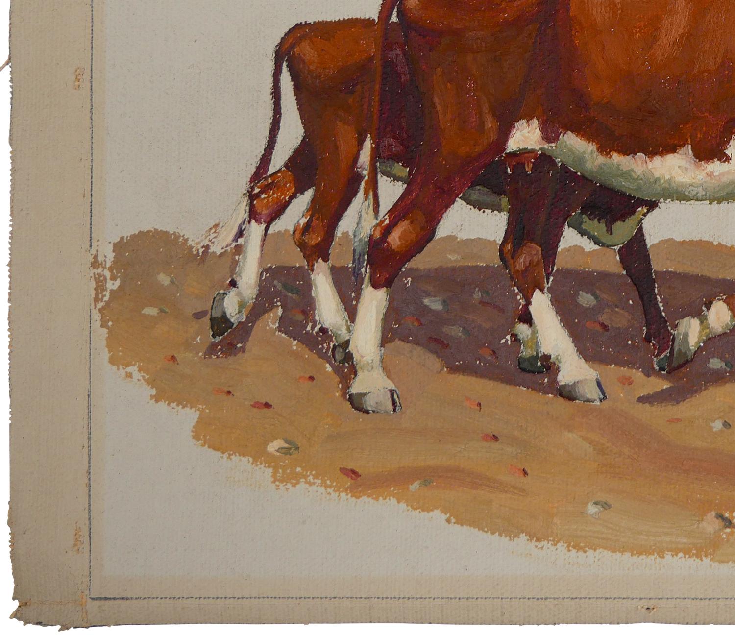Brown and white abstract impressionist animal painting by Texas artist Fred Darge. The painting depicts a brown and white cow and a calf walking on arid soil. Signed by the artist at the bottom right corner. Unstretched and unframed but framing