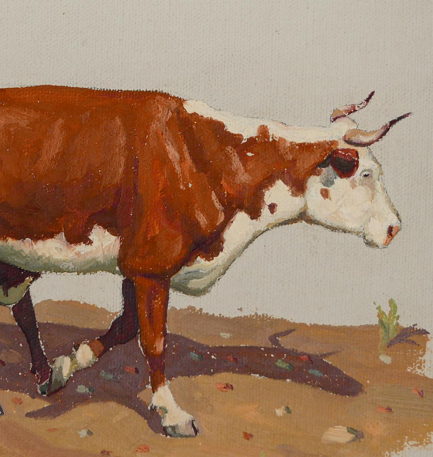 „Schildkröten und Kalb“ Braunes und weißes abstraktes impressionistisches Gemälde von Kühen im Angebot 3