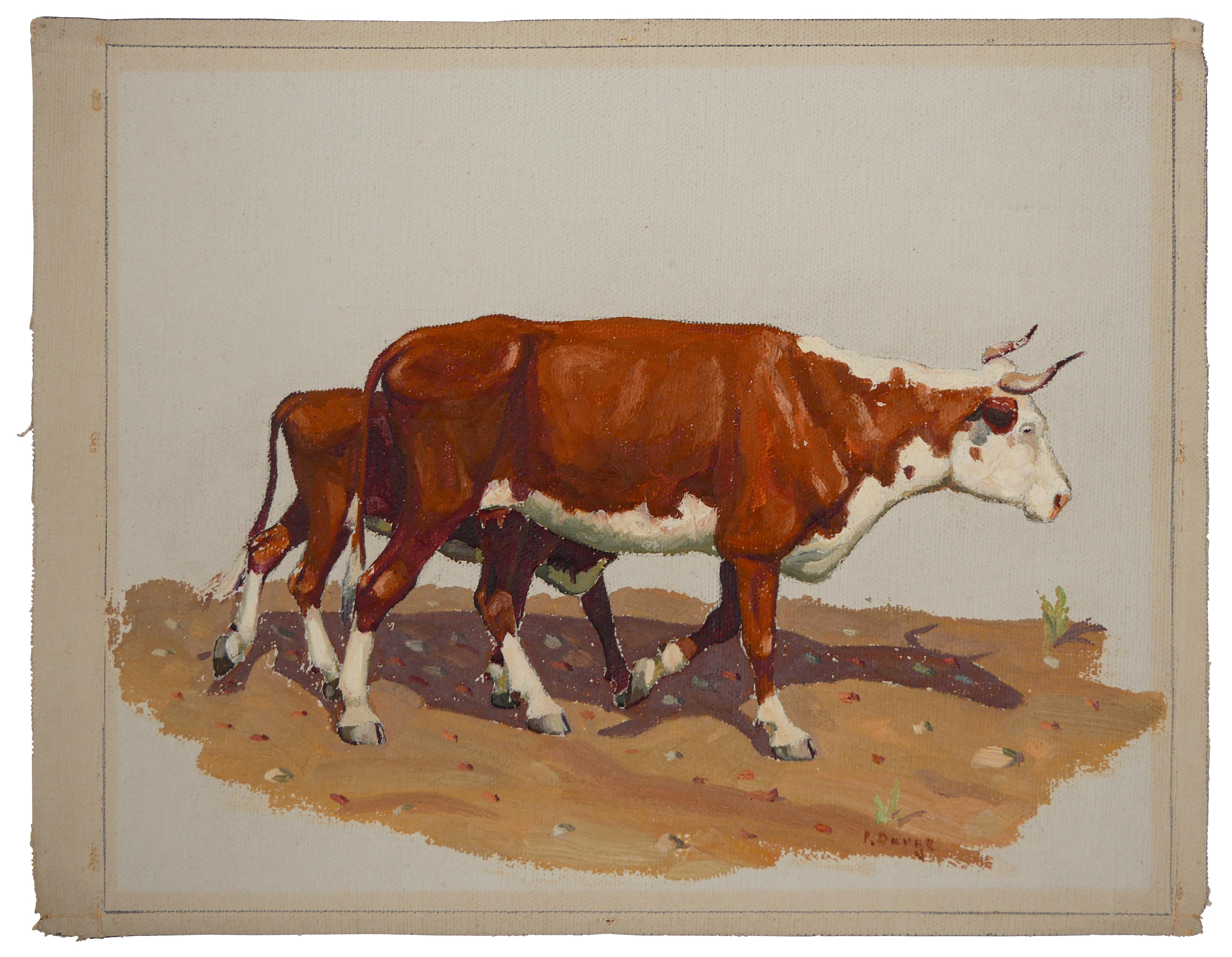 Fred Darge Animal Painting - "Cow and Calf" Brown and White Abstract Impressionist Painting of Cows