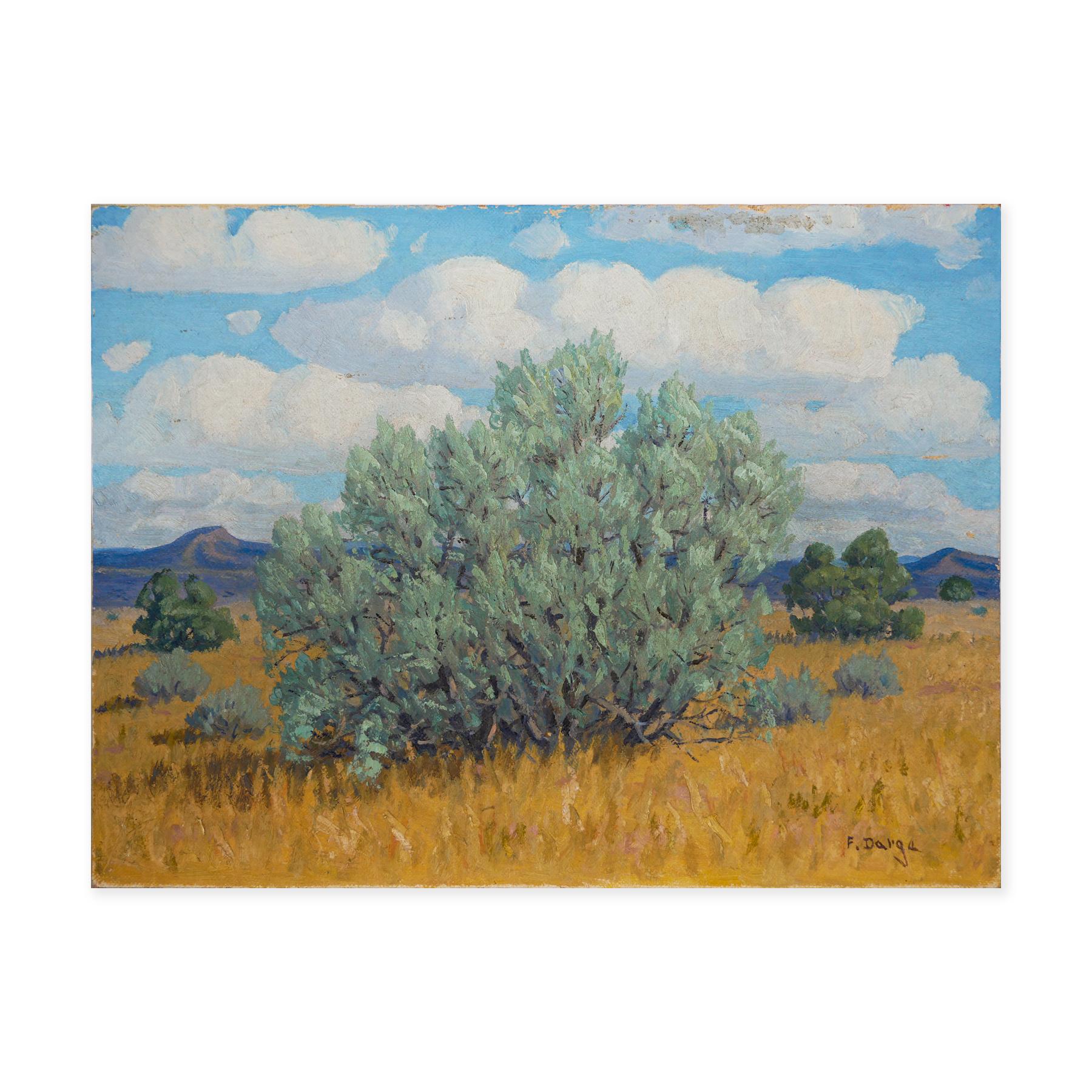Paysage impressionniste abstrait du désert occidental vert, jaune et bleu - Painting de Fred Darge