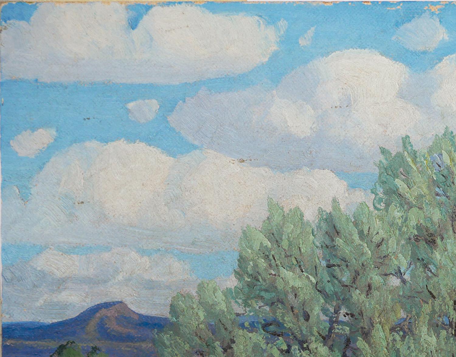 Paysage impressionniste abstrait du désert occidental vert, jaune et bleu - Impressionnisme abstrait Painting par Fred Darge